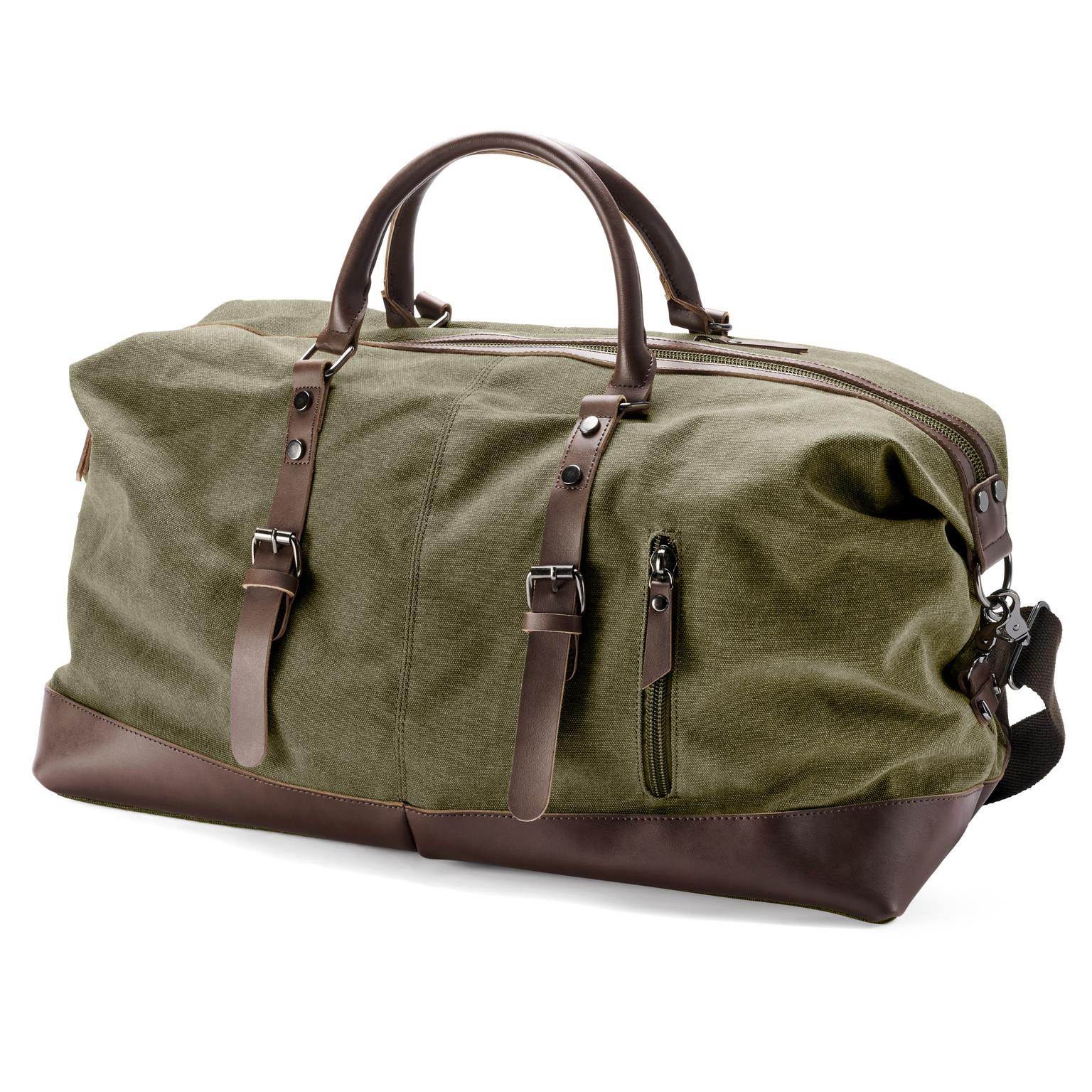 Bolso de viaje de lona verde militar y cuero marrón Bolso de viaje de lona verde militar y cuero marrón