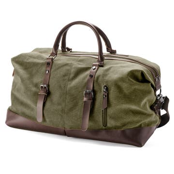 Weekendtas van legergroen canvas en bruin leer Weekendtas van legergroen canvas en bruin leer