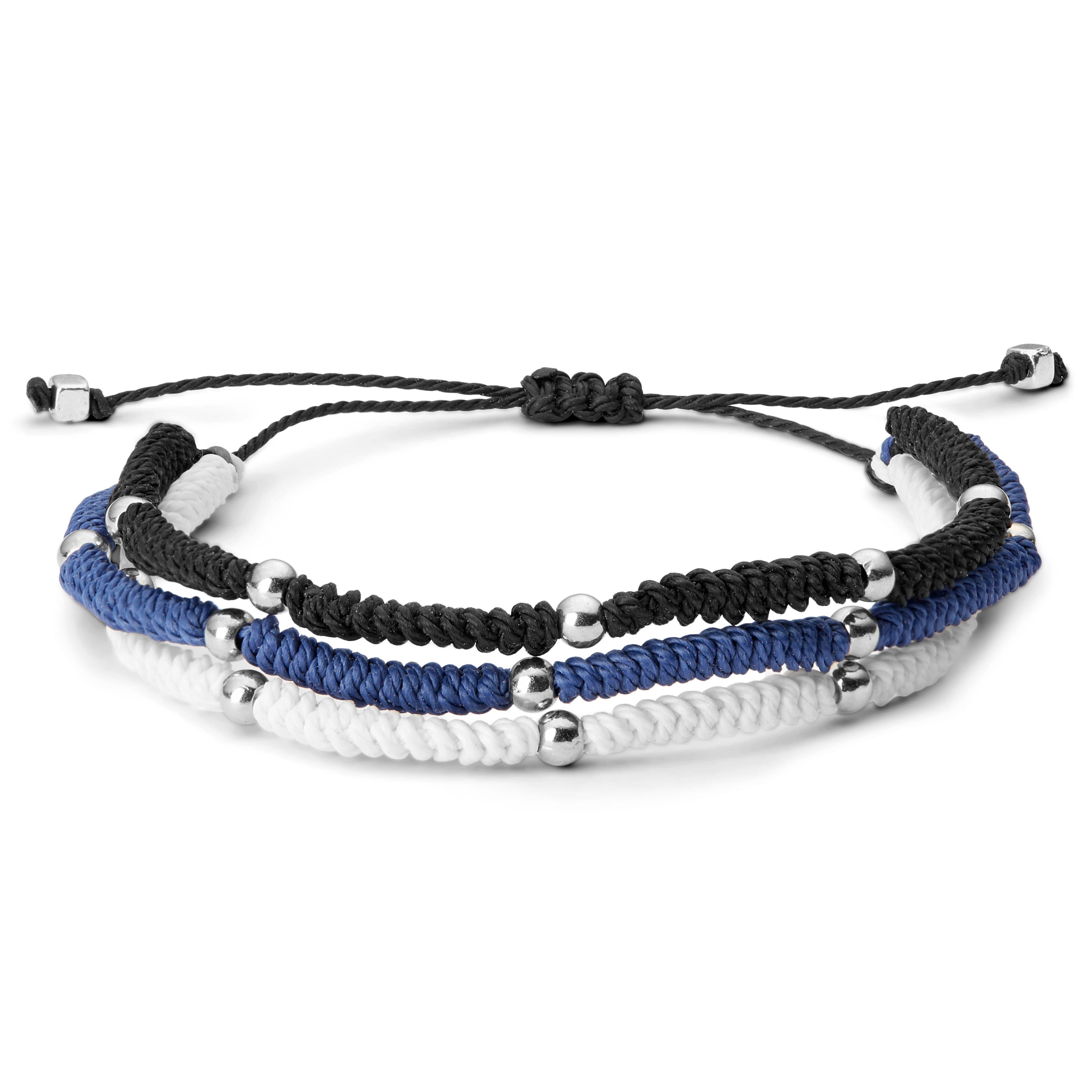 Black, White & Blue Braided Nylon & Metal Bead Bracelet