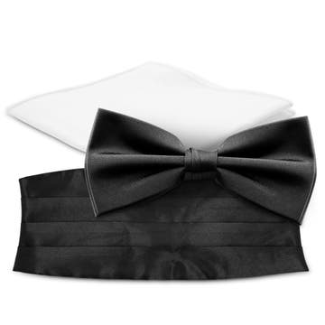 Fekete és fehér előre kötött csokornyakkendő, díszzsebkendő és övkendő szett