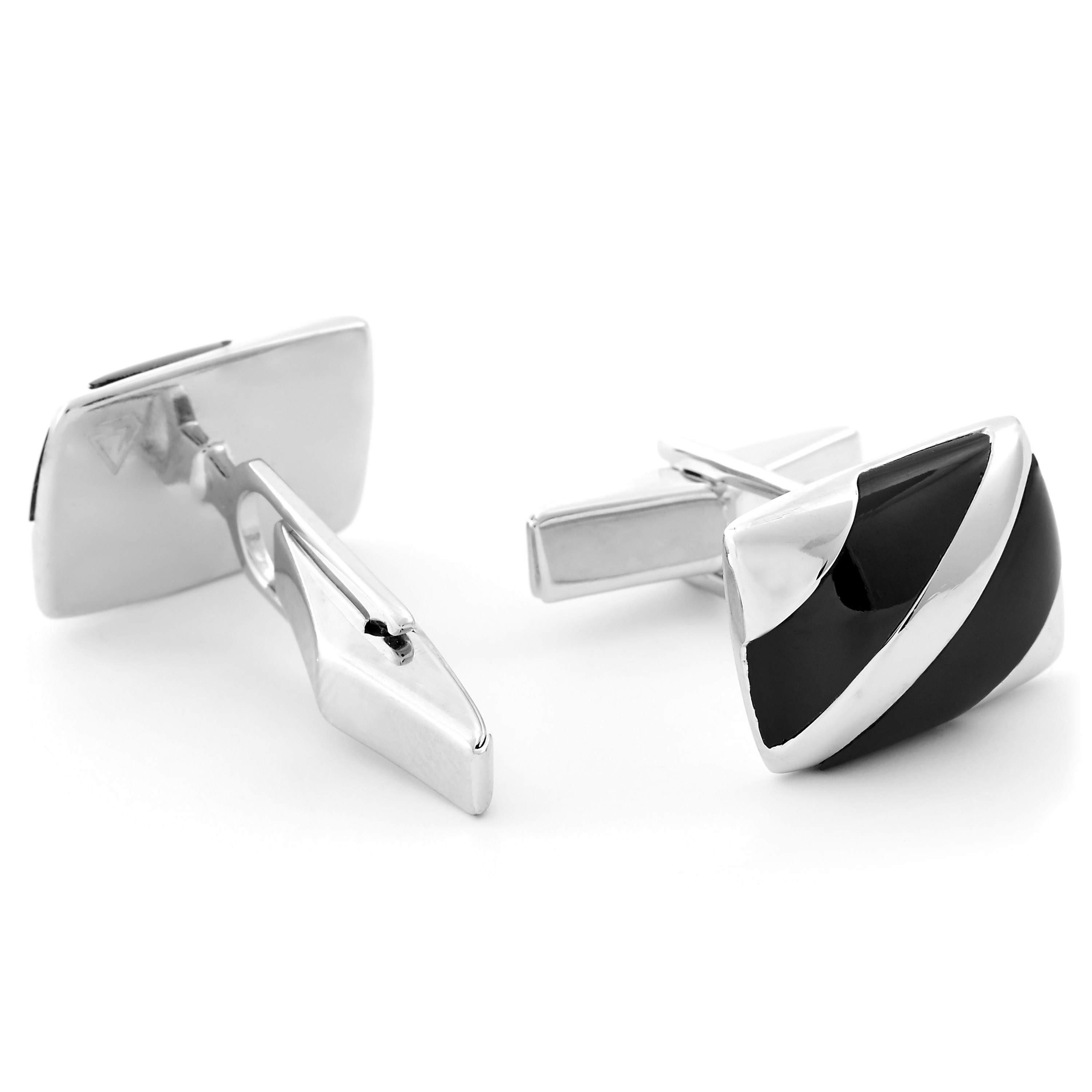 Diagonally Striped 925s Silver Cufflinks and Tie Clip Set - 5