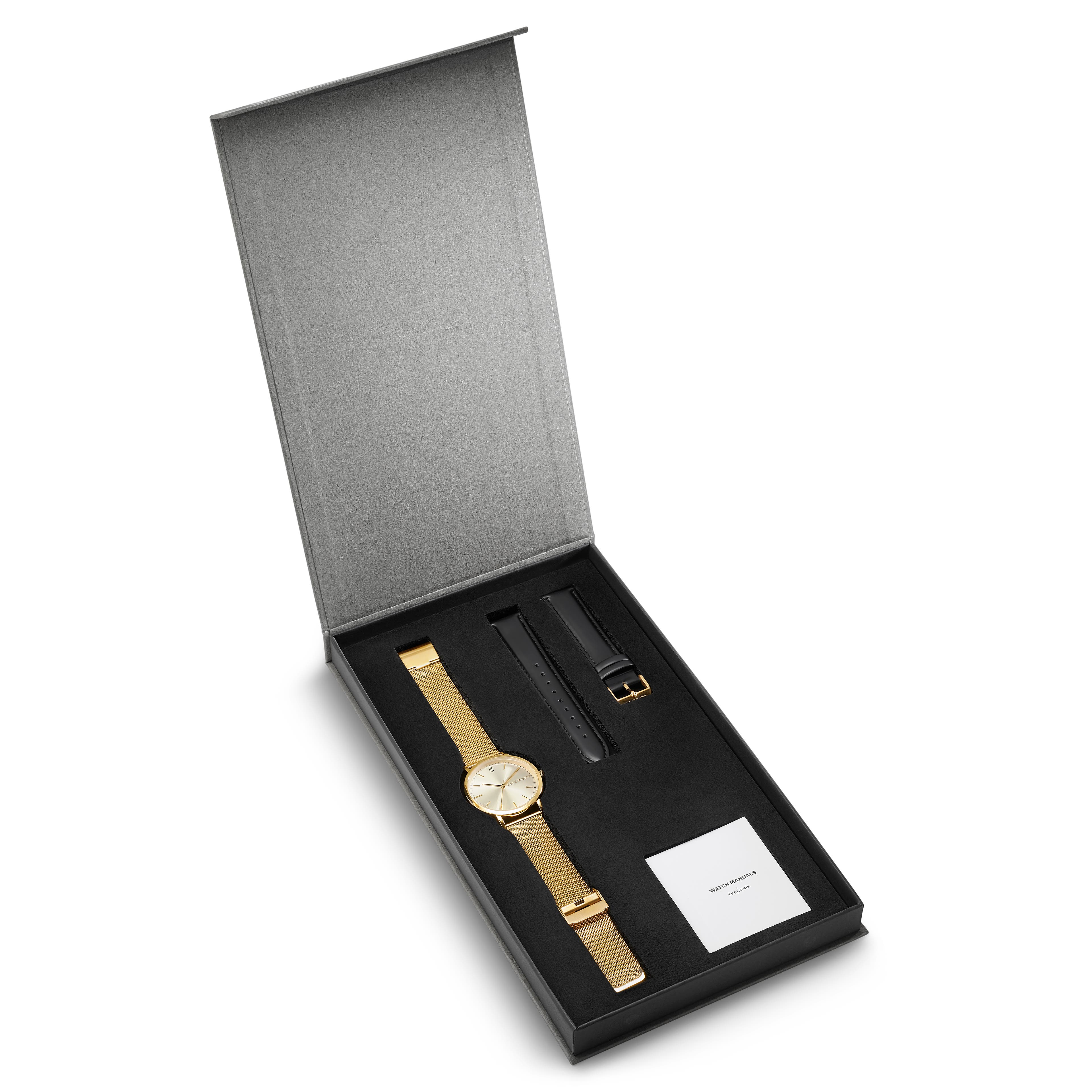 Gold-Tone Dress Watch with Mesh & Leather Straps Gift Box Gold-Tone Dress Watch with Mesh & Leather Straps Gift Box