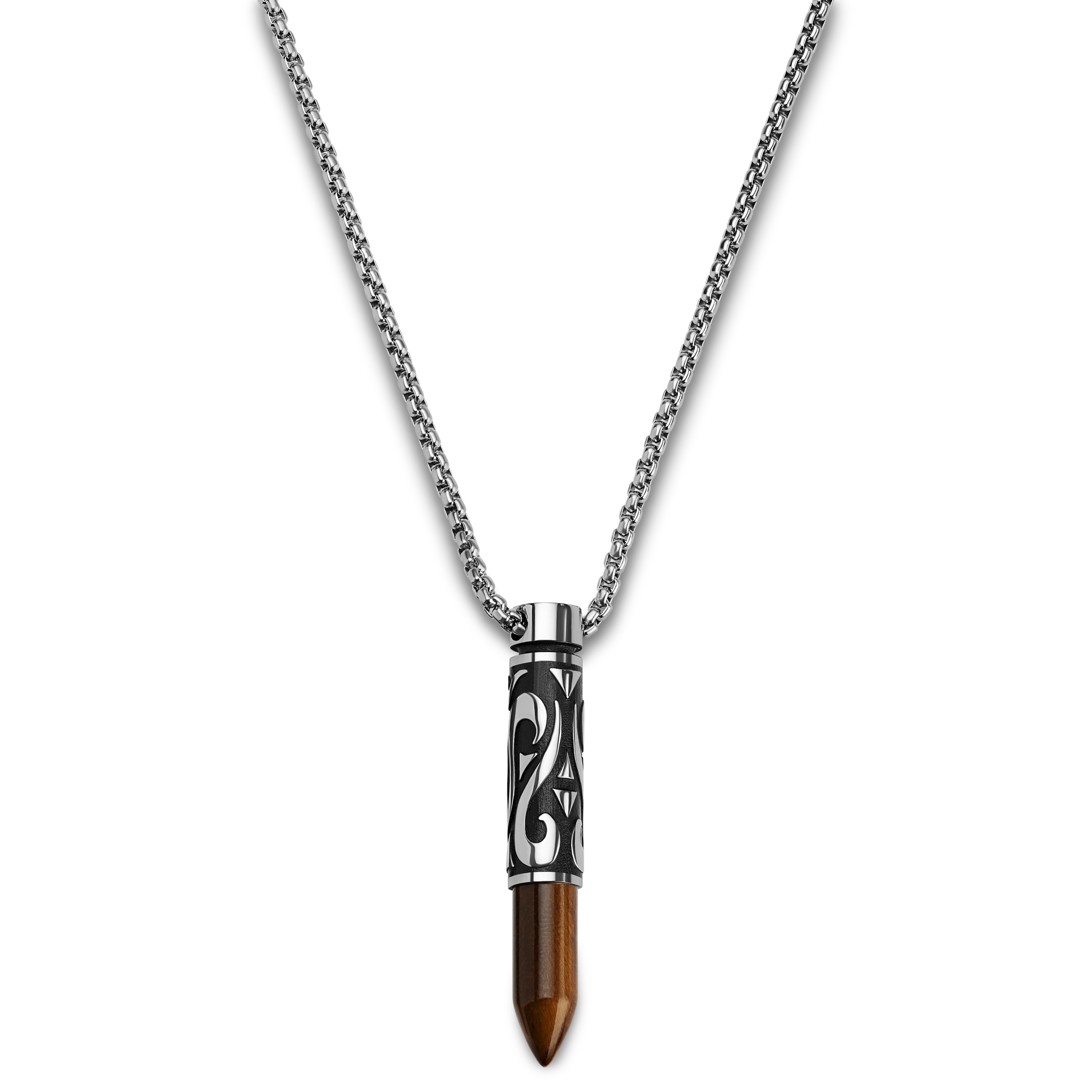 Rico | Колие с висулка куршум от сребриста стомана и жълто тигрово око - 2