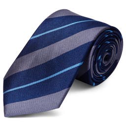 Corbata de 8 cm de seda azul marino con rayas grises y azules