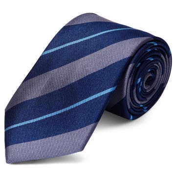 Cravate en soie à rayures bleu marine, grises et bleu pastel - 8 cm