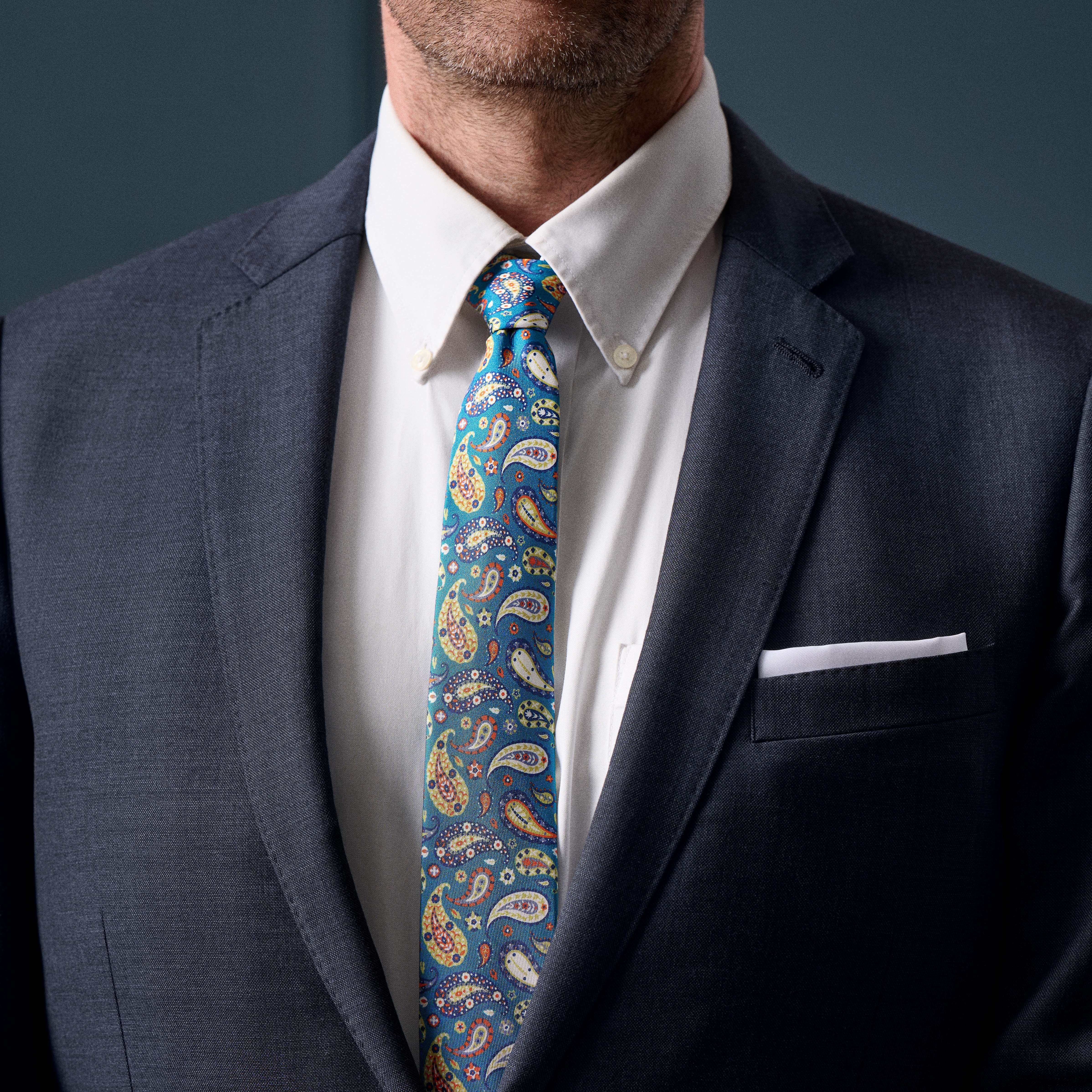 Virtuo | Gravata em Seda Paisley Azul e Amarela de 6 cm - 3