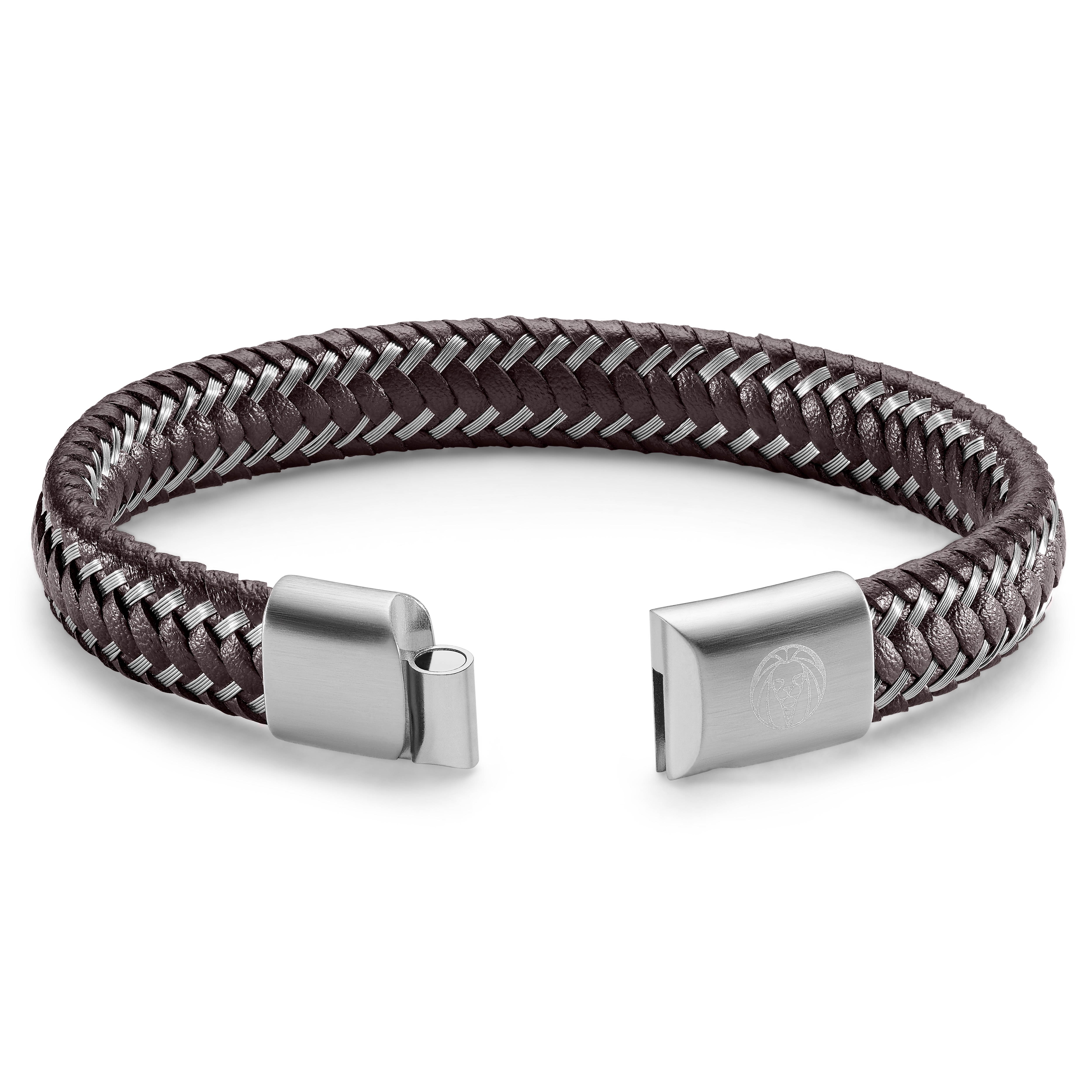 Fonott barna bőr és acél karkötő - 4