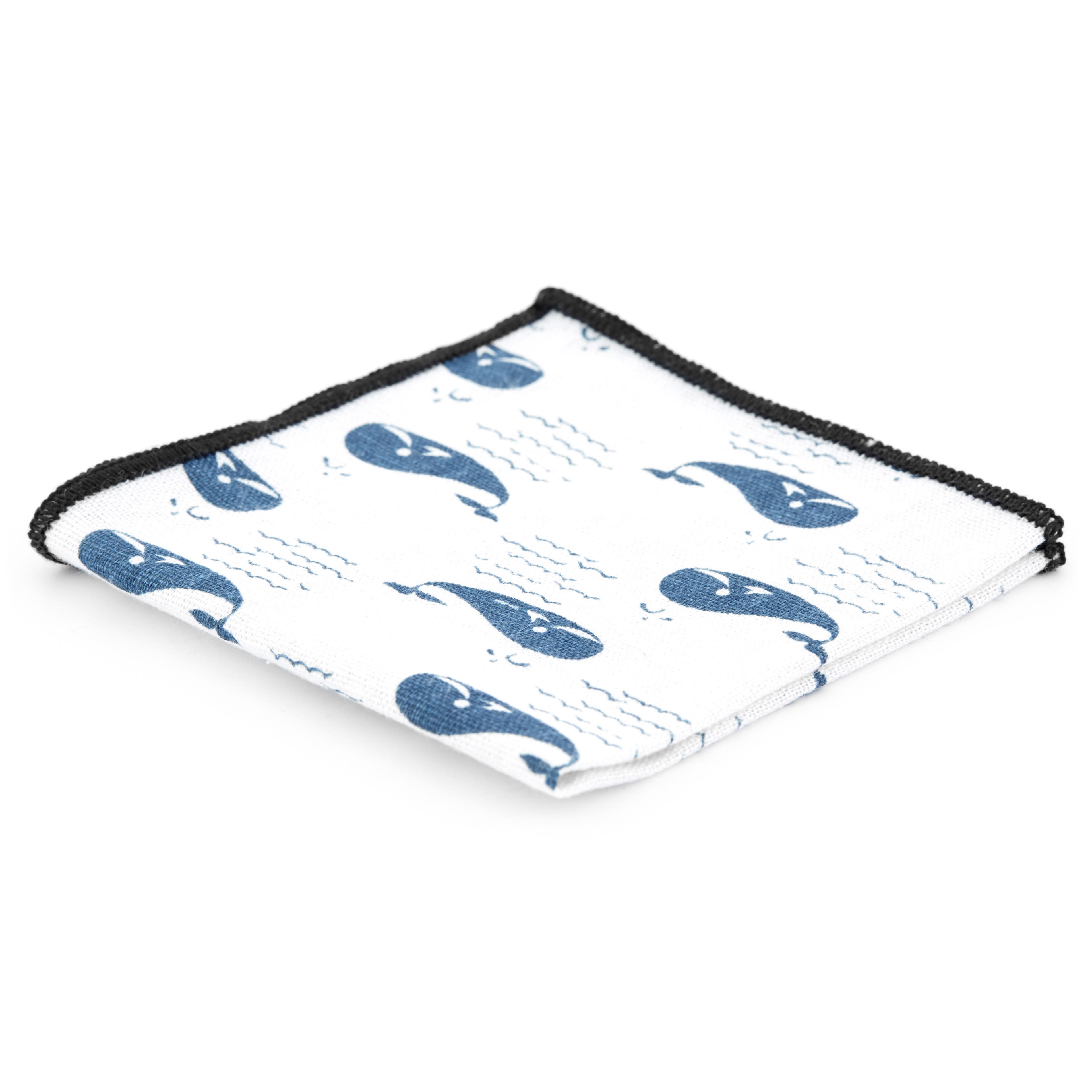 White & Light Blue Whale Pattern Linen Pocket Square