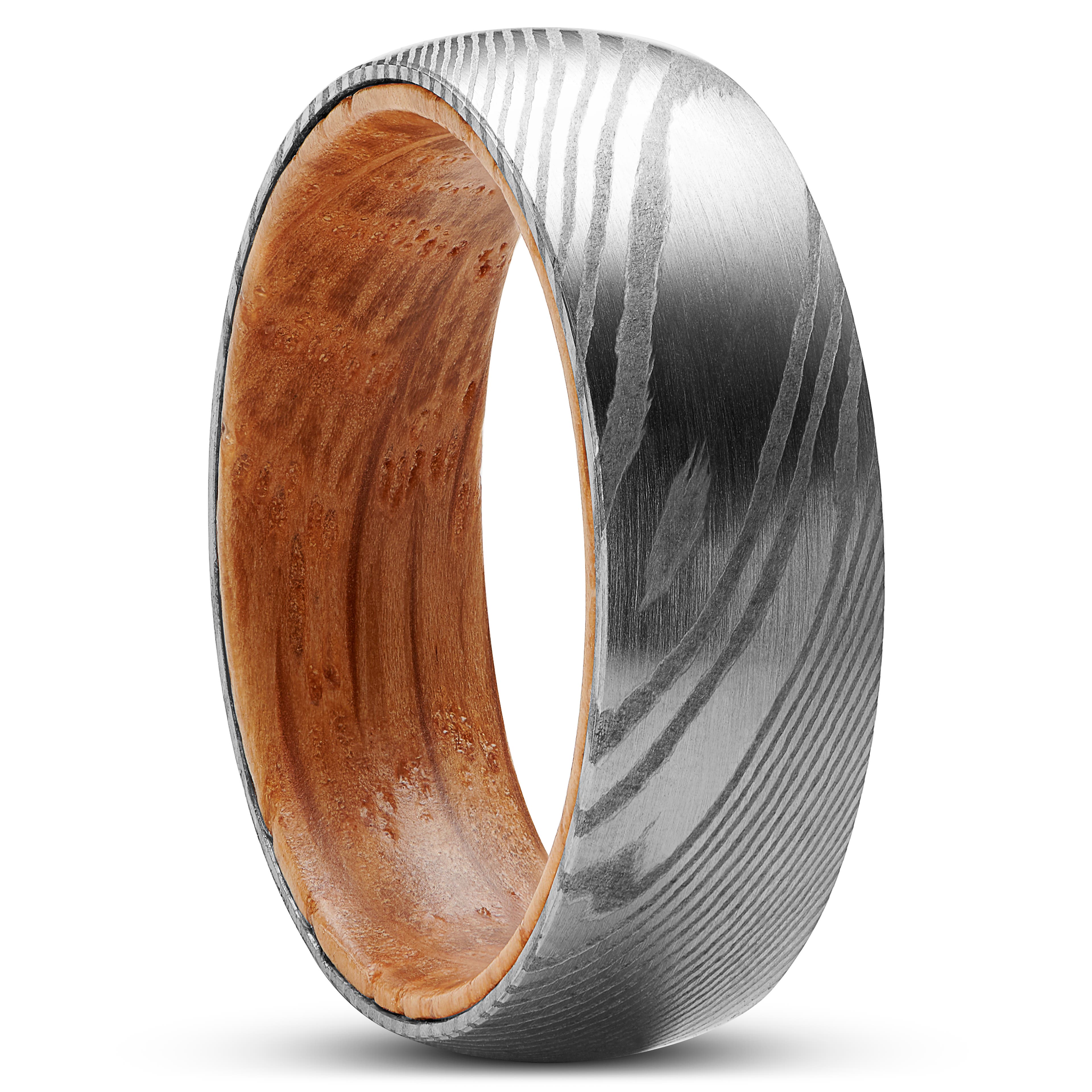 Fortis | 7 mm Silver-Tone Damascus Steel With Natural Wood Inlay Ring