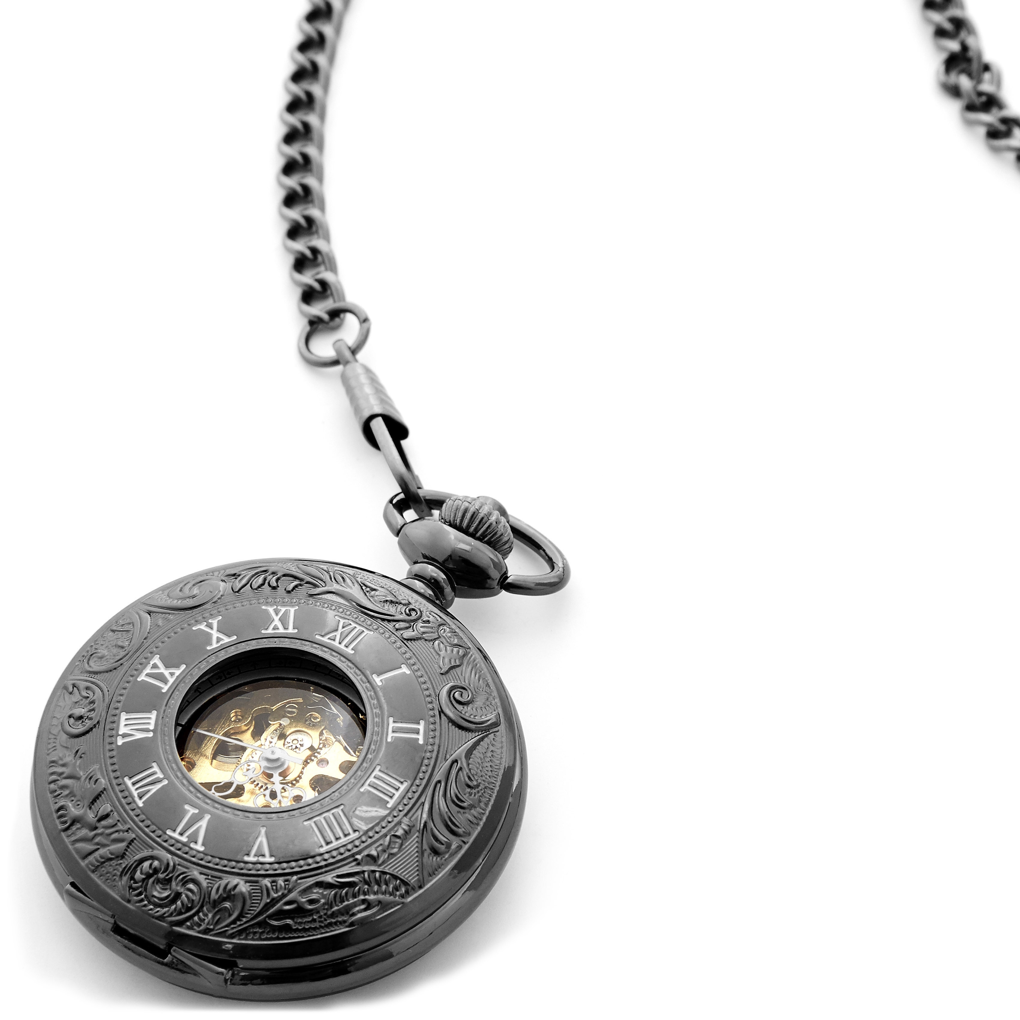 Small Black Ornate Skeleton Pocket Watch With Gold-Tone Movement & Black Cable Chain - 4