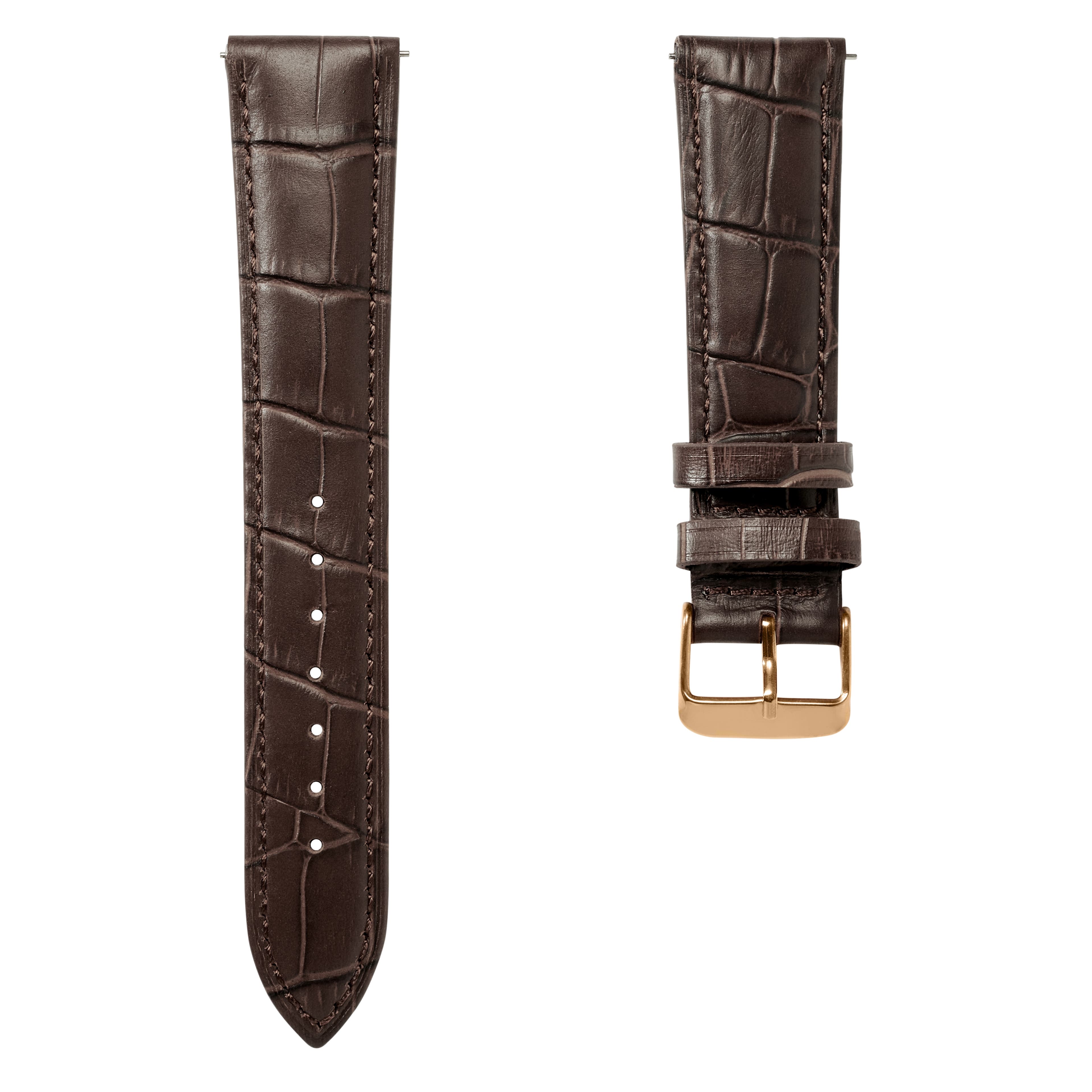 Bracelet de montre en cuir marron foncé gaufré à motif crocodile de 24 mm avec boucle rose gold - Attache rapide