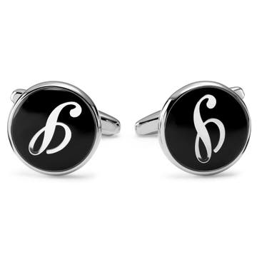 Round Silver-Tone & Black Letter S Initial Cufflinks