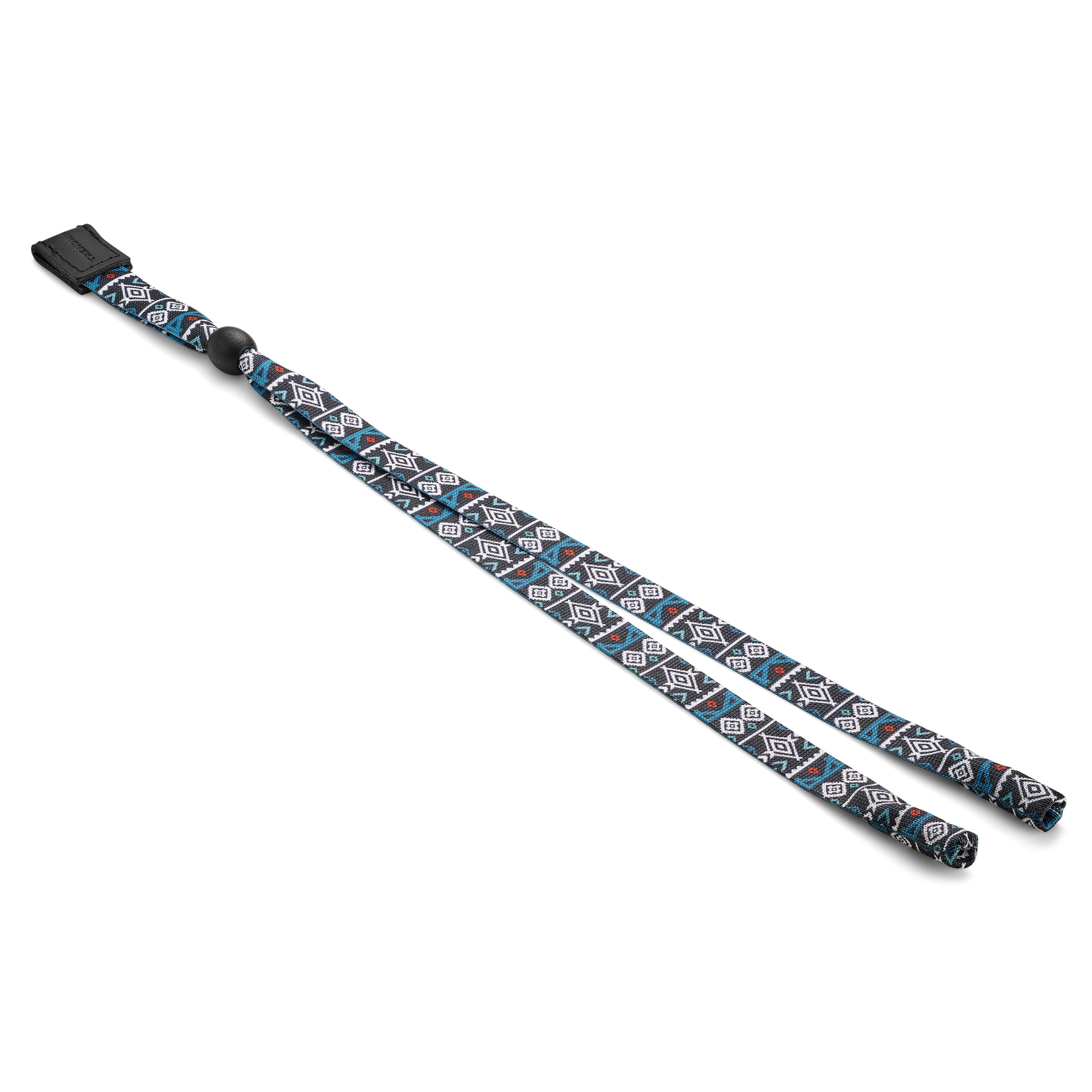 Cordon large pour lunettes de soleil à motif tribal bleu foncé et cuir Cordon large pour lunettes de soleil à motif tribal bleu foncé et cuir
