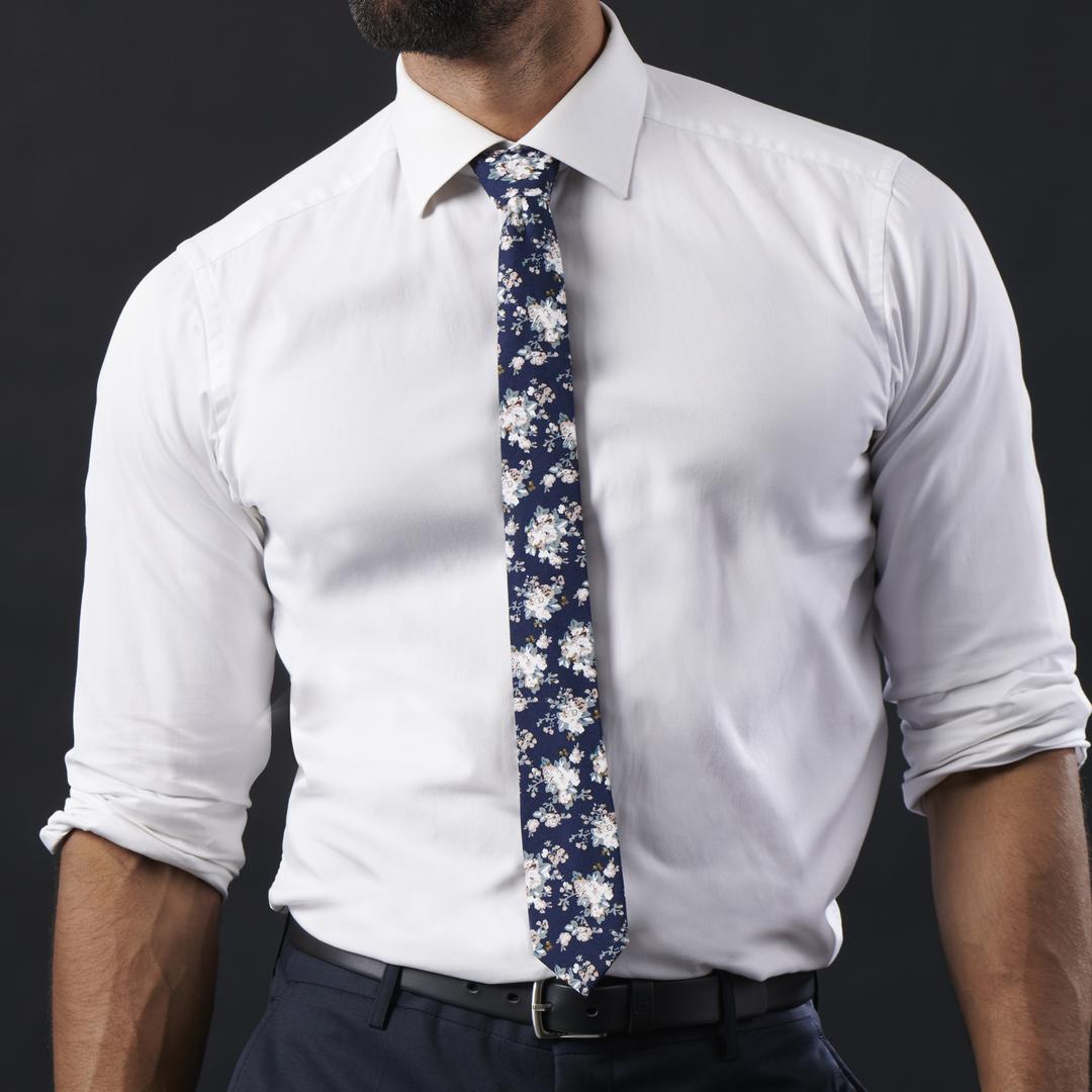 Navy Blue White Floral Pattern Cotton Tie In Stock Tailor Toki navy-blue-white-floral-pattern-cotton-tie-in-stock-tailor-toki
