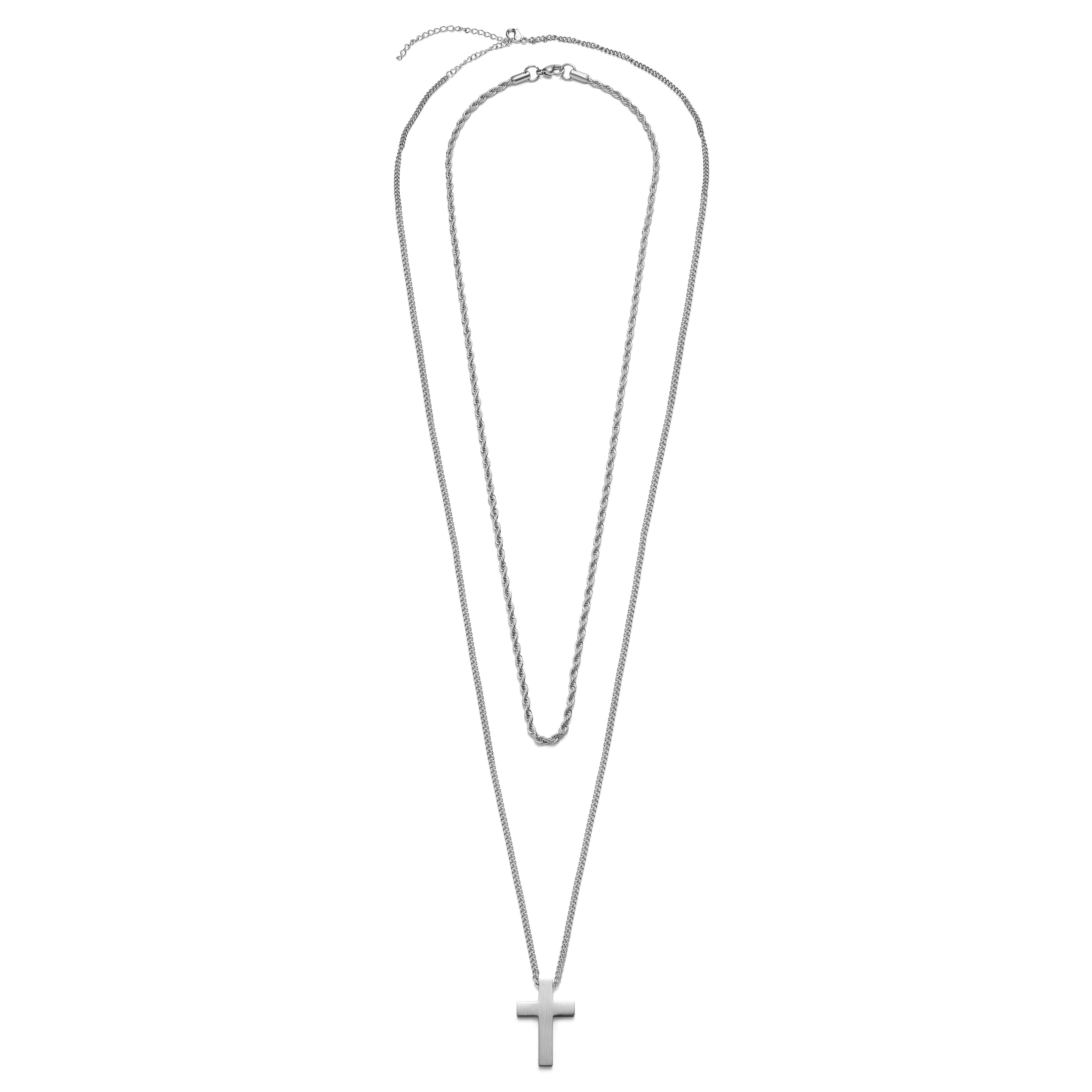 Silver-Tone Stainless Steel Cross & Rope Chain Necklace Layering Set - 1