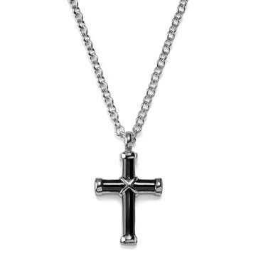 Silver-Tone Stainless Steel With Smooth Black Cross Cable Chain Necklace