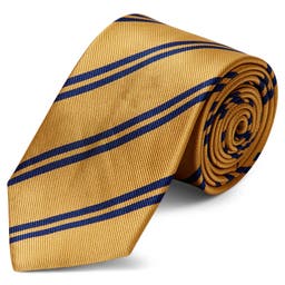 Gravata em Seda Dourada com Risca Dupla Azul Escura de 8 cm