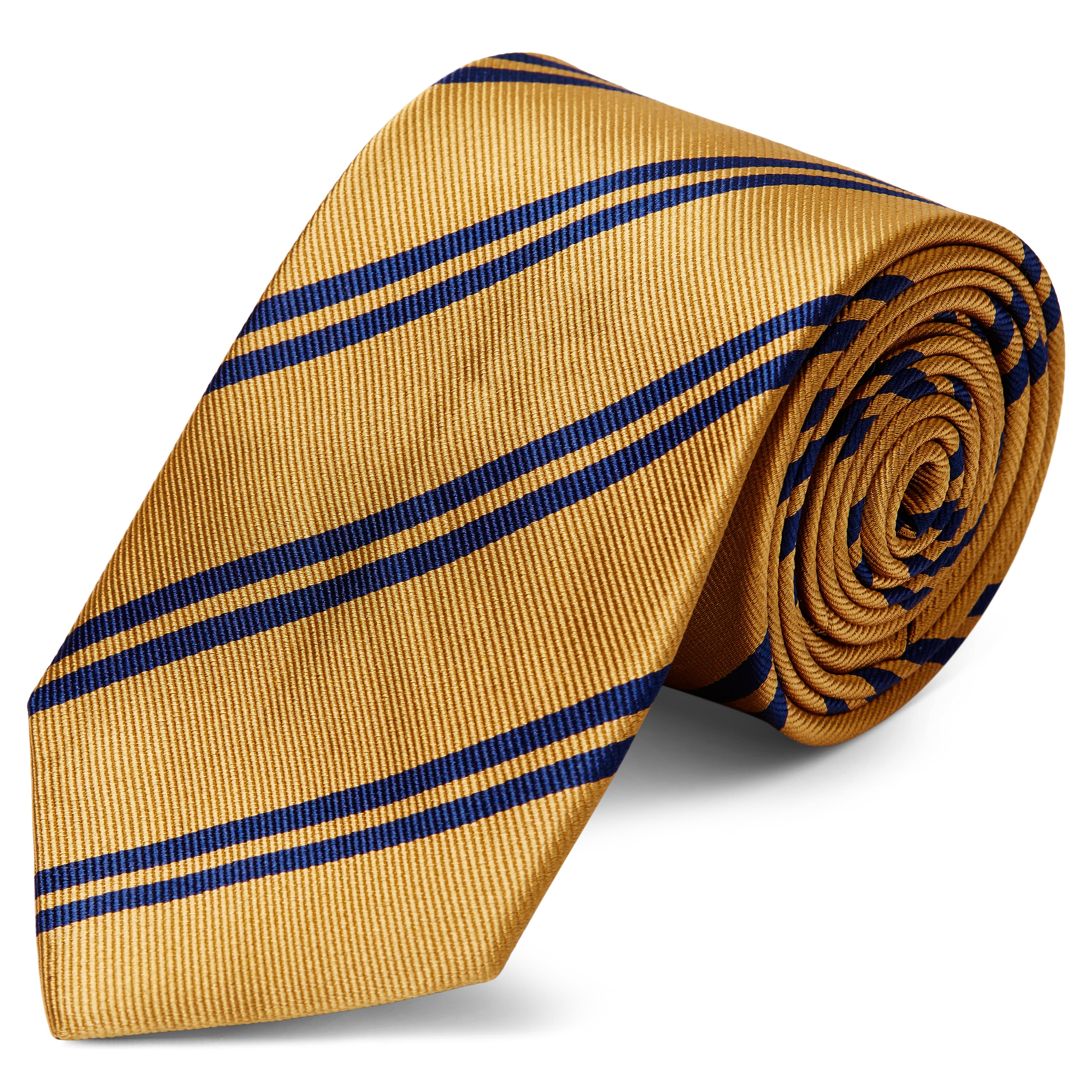 Corbata de 8 cm de seda dorada con rayas dobles en azul marino