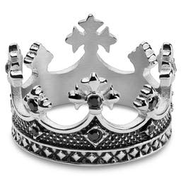 Vasilios | 14 mm Silver-Tone Stainless Steel & Black Zirconia Stone Crown Ring