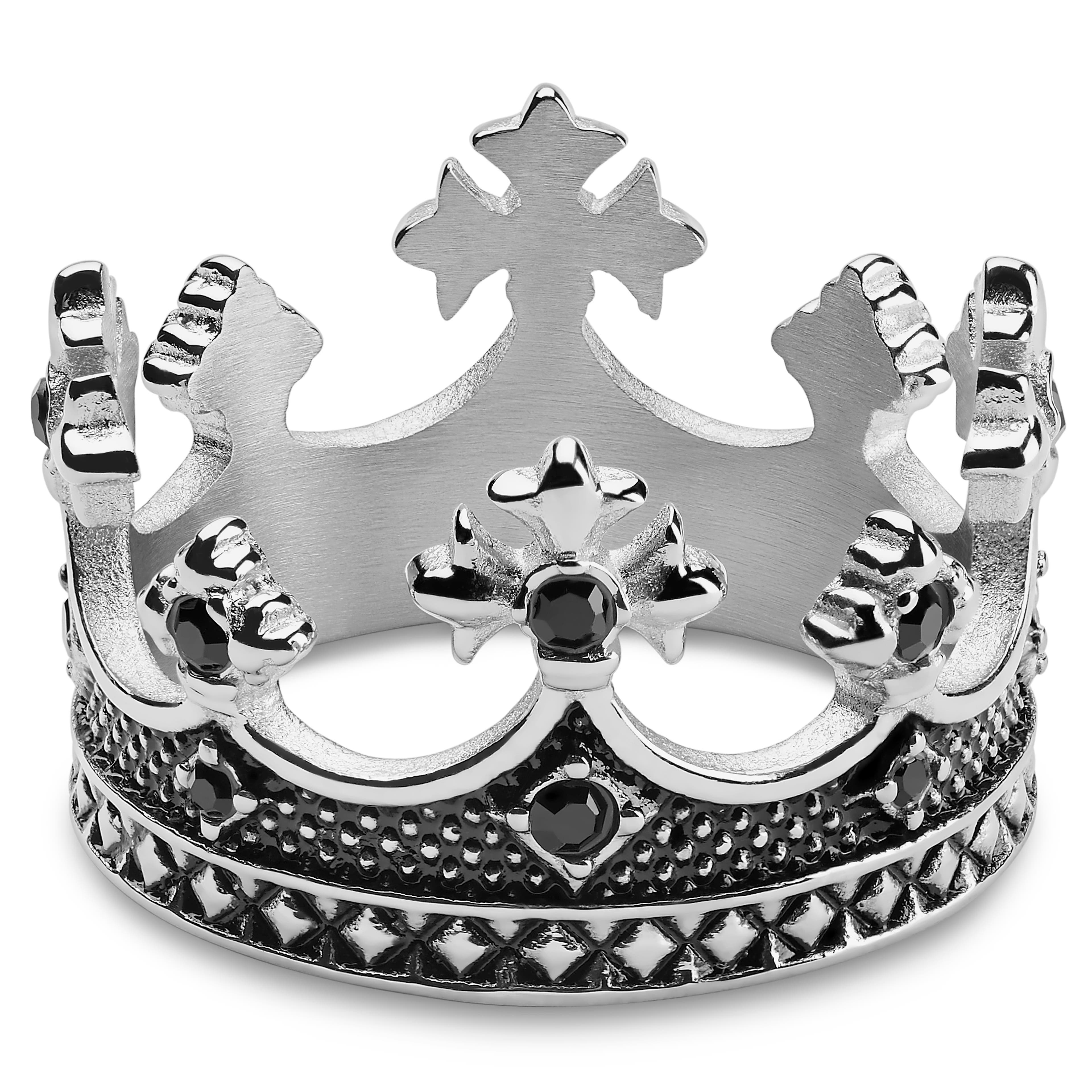 Vasilios | 14 mm Silver-Tone Stainless Steel & Black Zirconia Stone Crown Ring