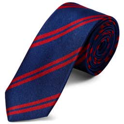 Corbata de 6 cm de seda azul marino con rayas dobles rojas