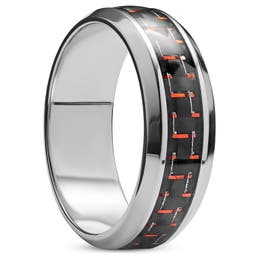 Ferrum | Silverfärgad Ring med Avfasade Kanter och Svart & Rött Kolfiberinlägg