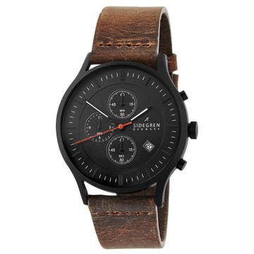 Revil | Black Chronograph Watch With Black Dial & Chocolate Brown Leather Strap Revil | Black Chronograph Watch With Black Dial & Chocolate Brown Leather Strap