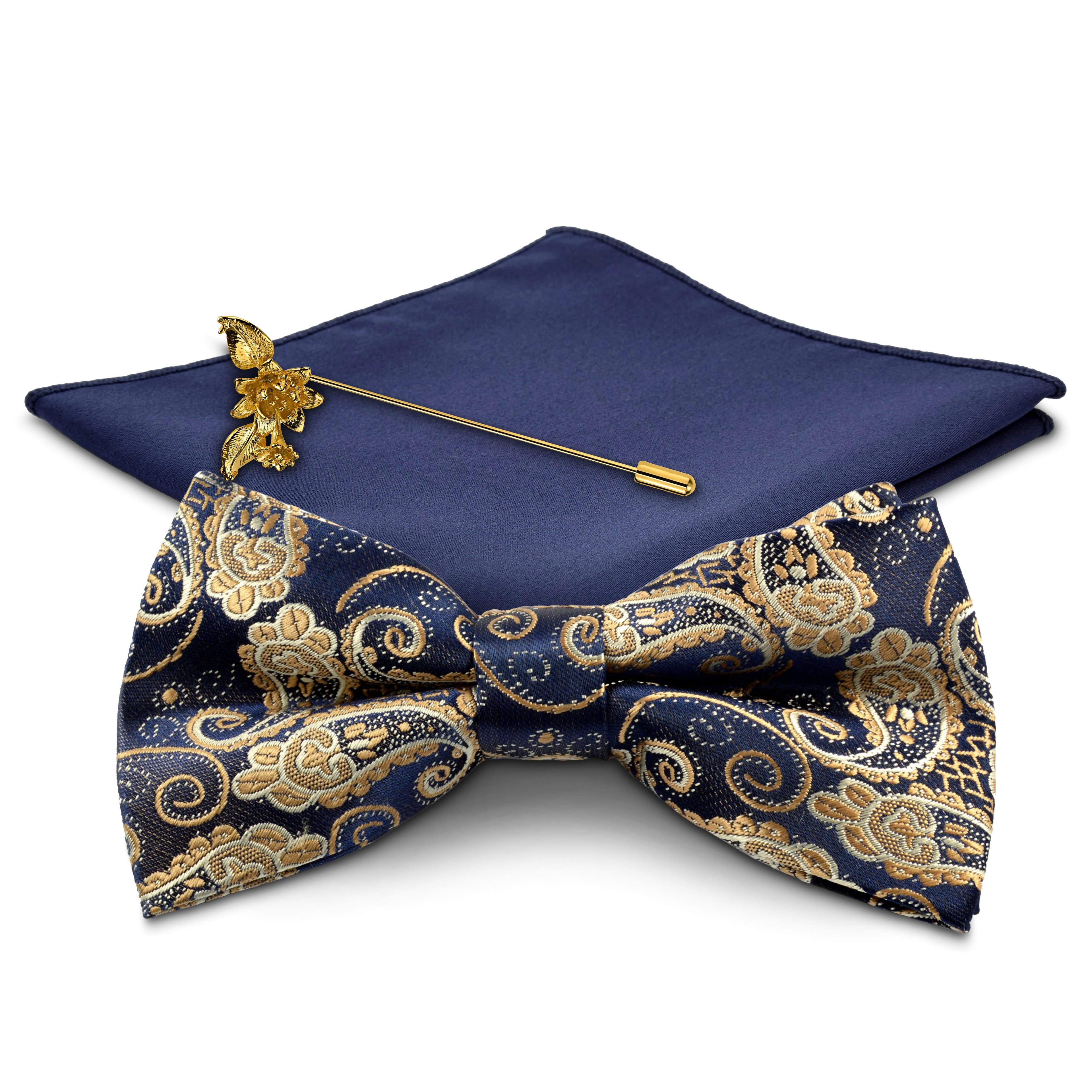 Blaues Paisley und goldfarbenes Anzug-Accessoire-Set