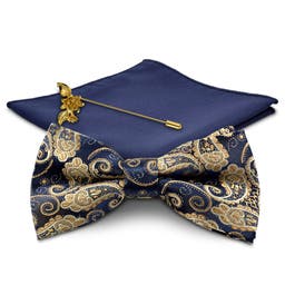 Blue Paisley and Gold-Tone Suit Accessory Set