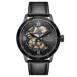 Dante II | Skeletové hodinky z nehrdzavejúcej ocele v čiernej farbe s koženým remienkom