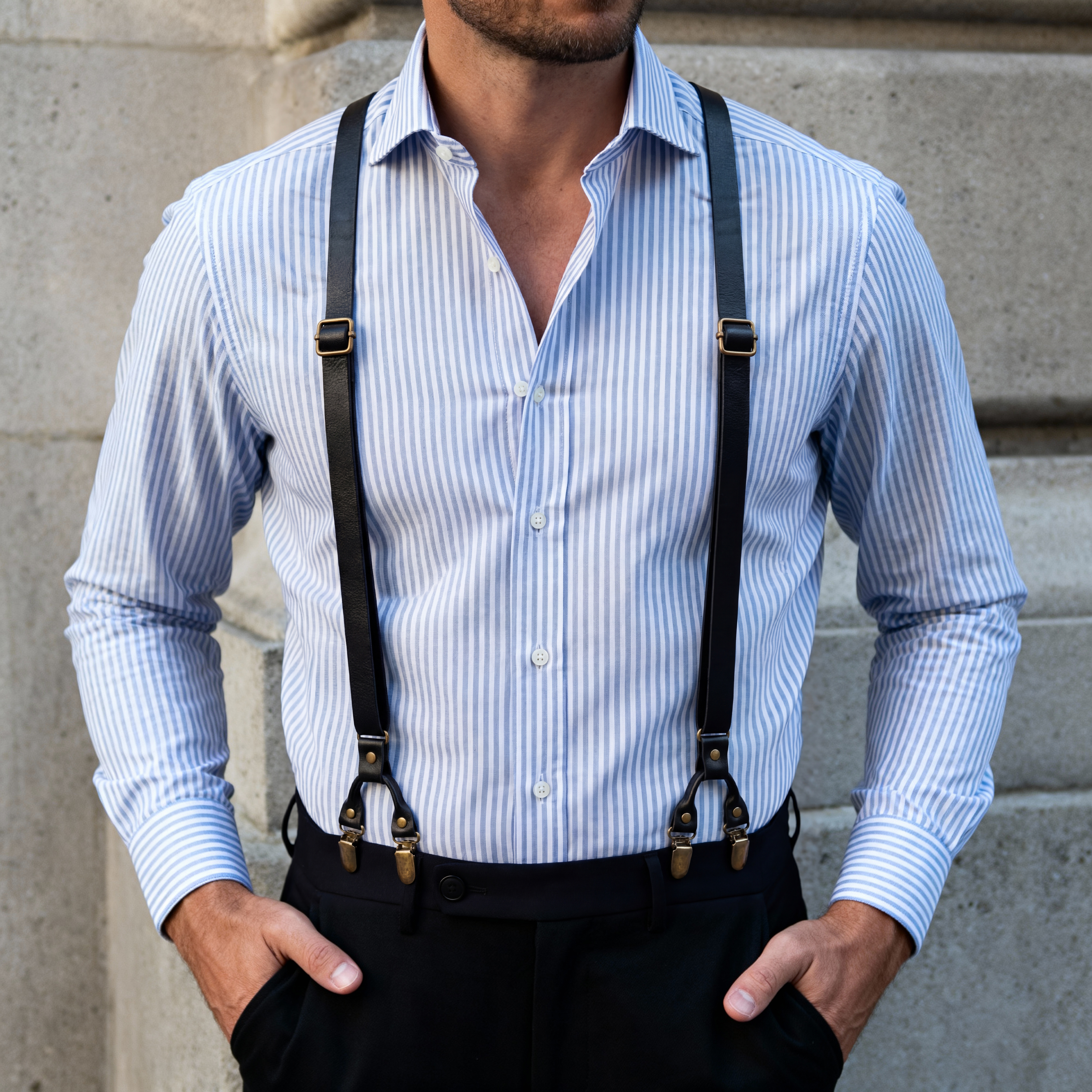 Czarne skórzane szelki w stylu Y na podwójne klipsy - 2