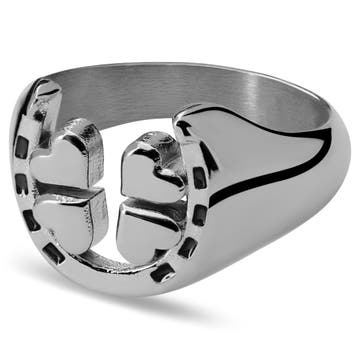 Ace | Silver-Tone Stainless Steel 4-leaf Clover & Horseshoe Signet Ring
