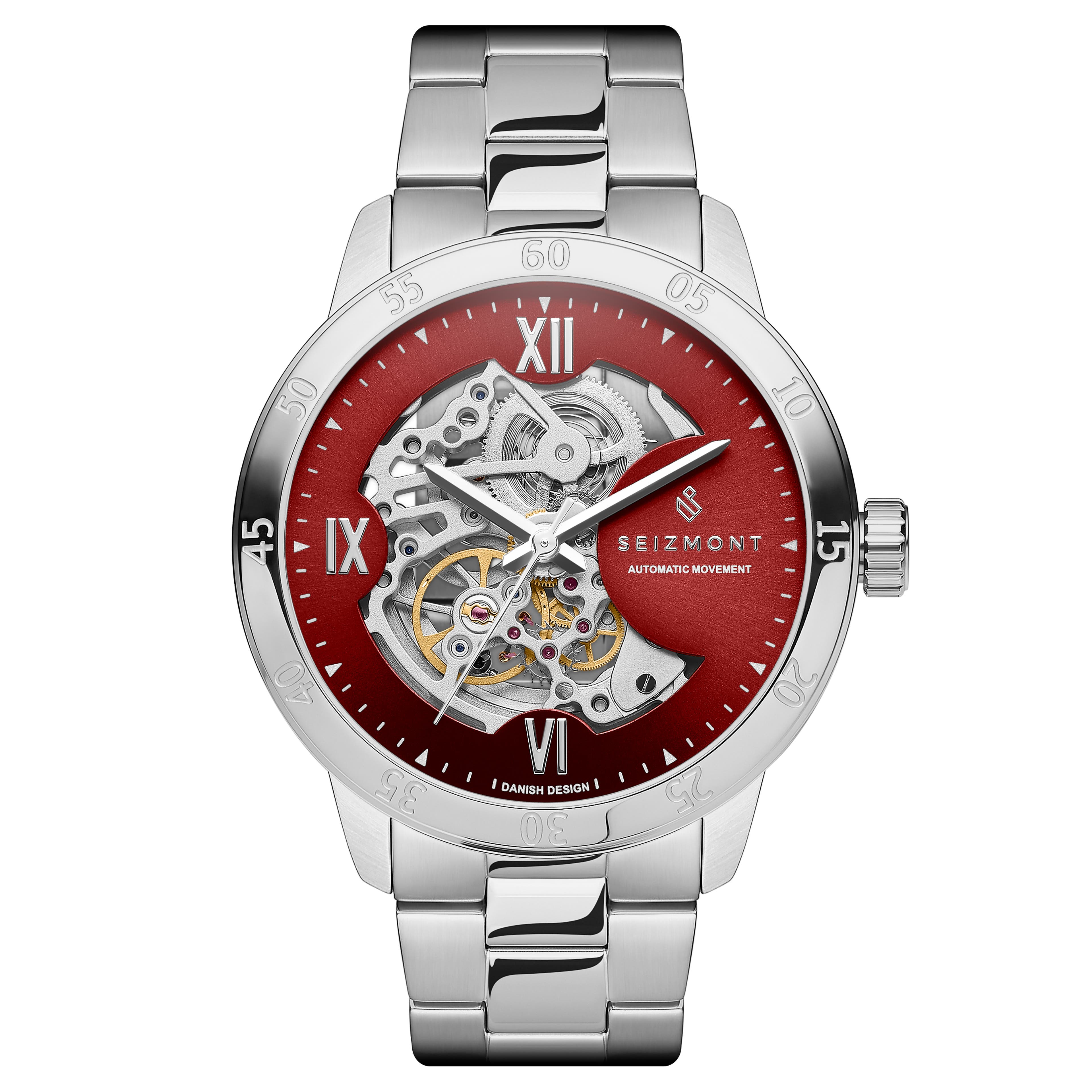 Dante II | Limited Edition Silver-Tone Stainless Steel Skeleton Watch With Red Dial