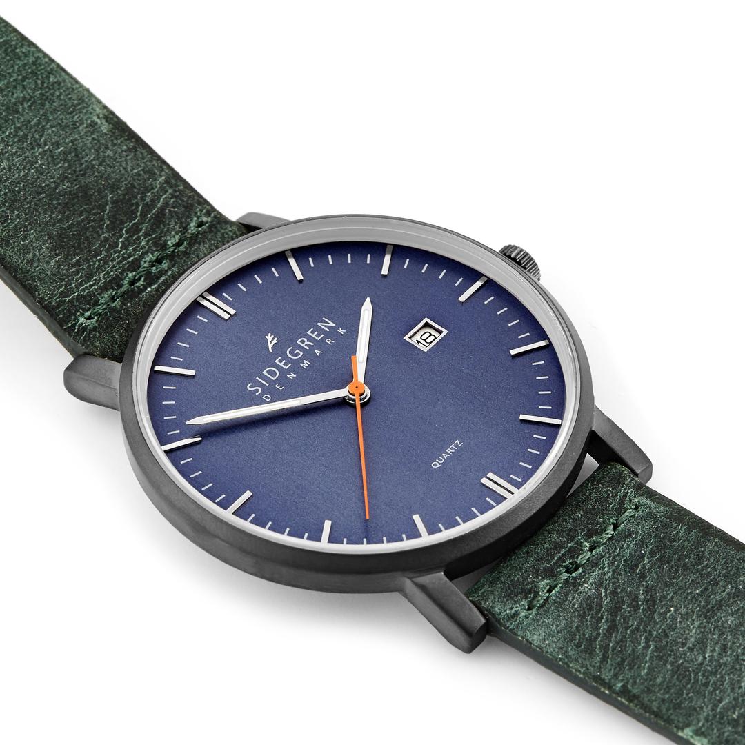 Kevil Kevil | Gunmetal Slim Dress Watch With Blue Dial & Green Leather Strap ...