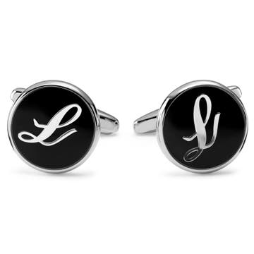 Round Silver-Tone & Black Letter L Initial Cufflinks