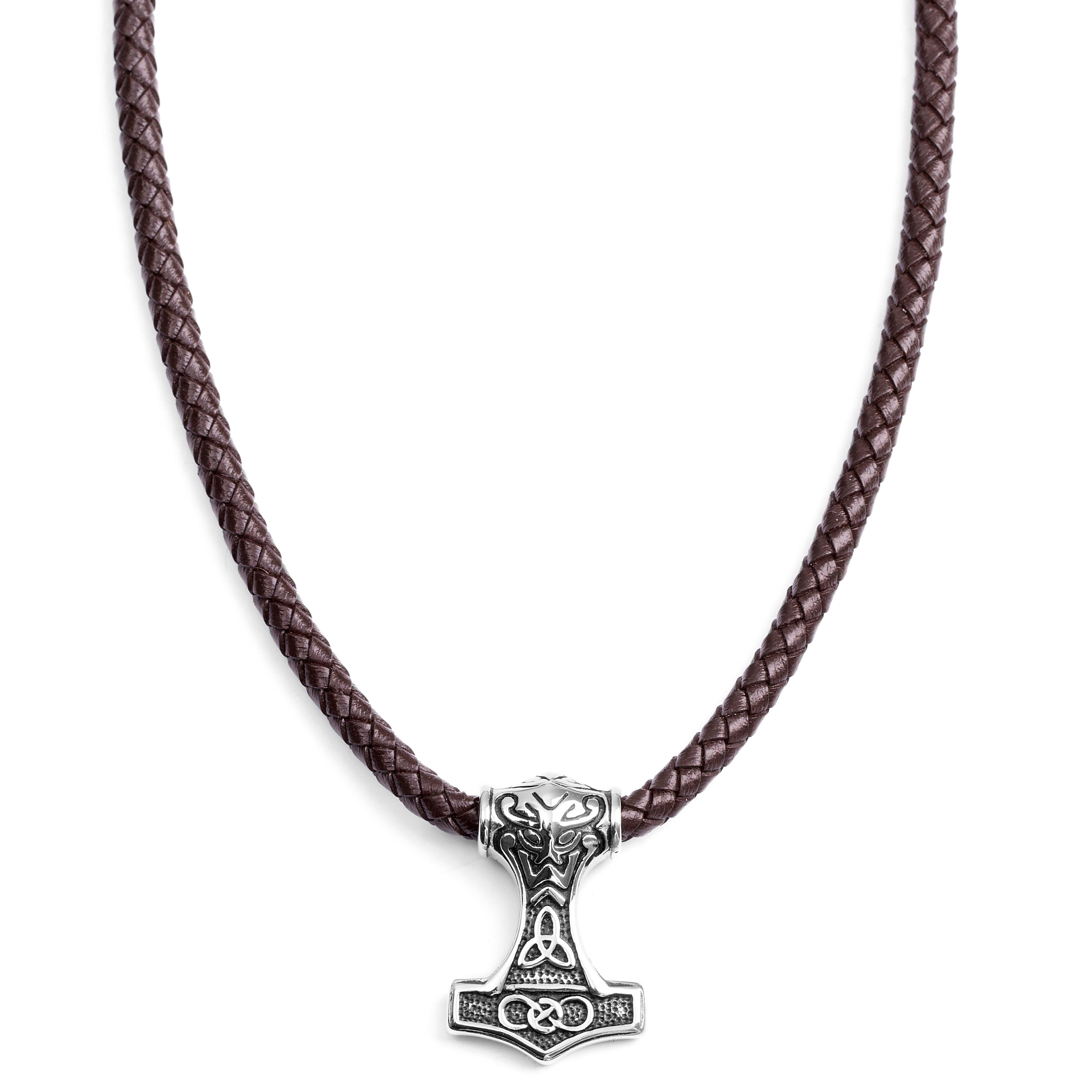 Collier en cuir marron et pendentif celtique double face