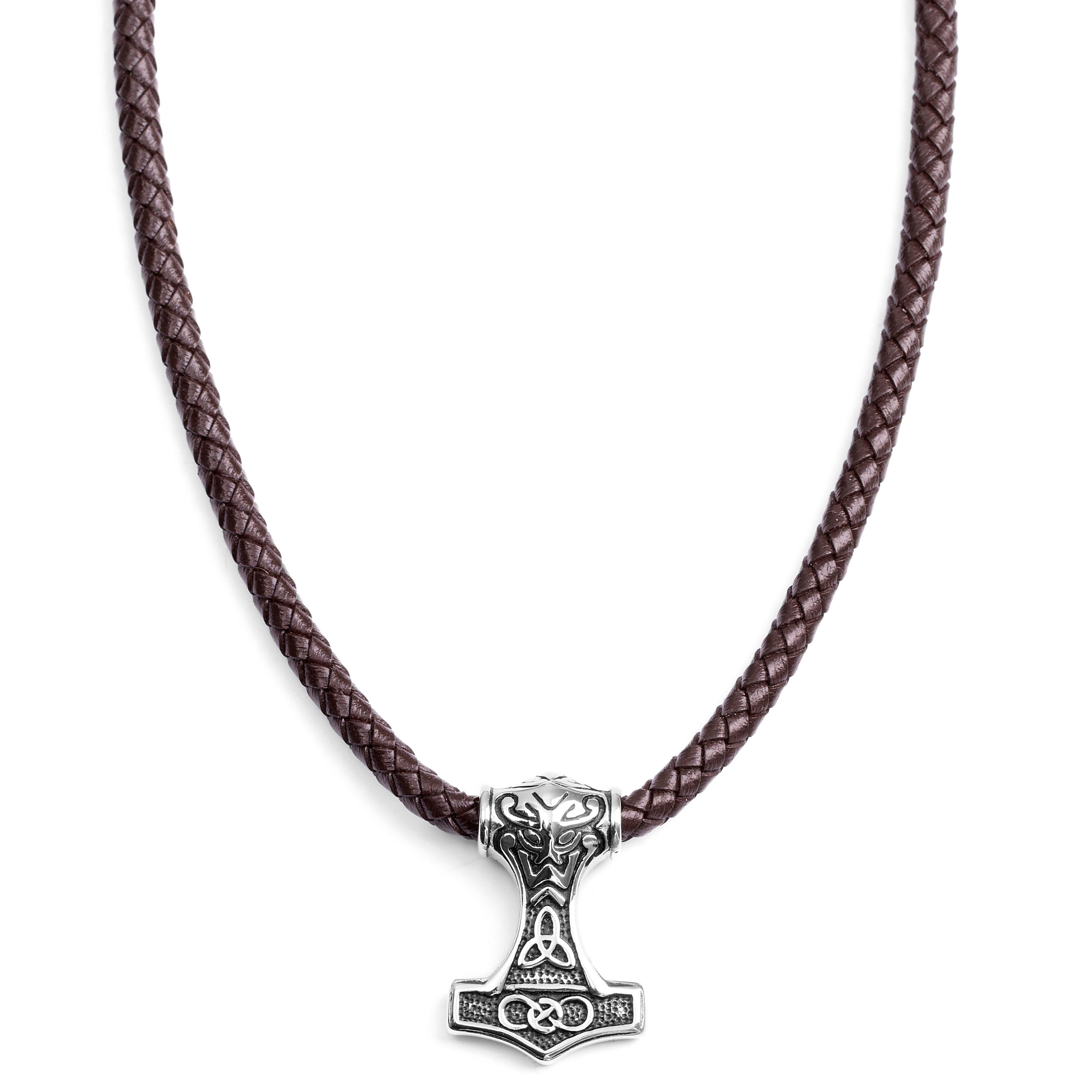 Hnedý obojstranný kožený náhrdelník s keltským motívom