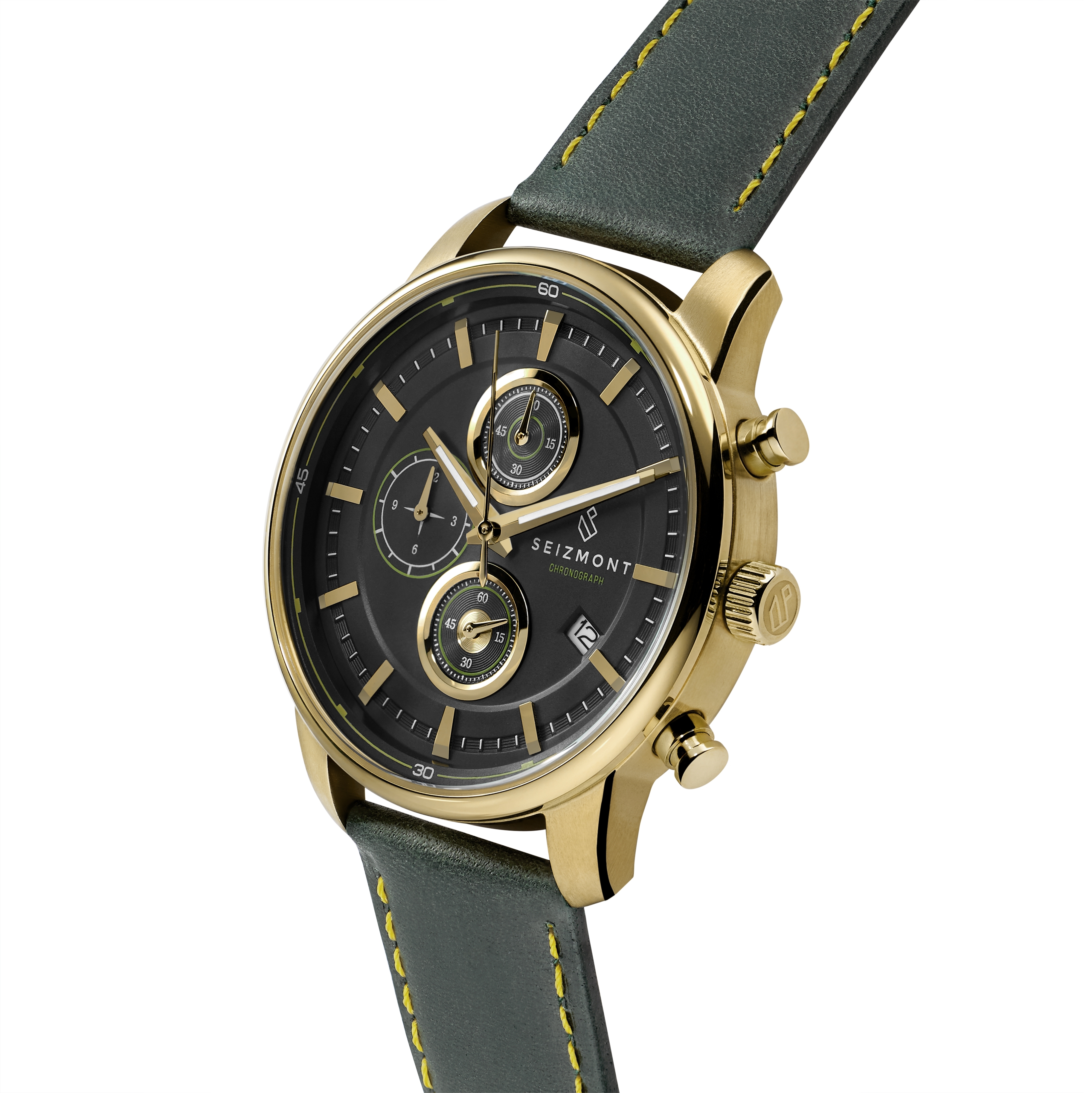Parva | Gold-Tone | Seizmont Chronograph Strap stock! & Green In Dial | With Black Watch Leather