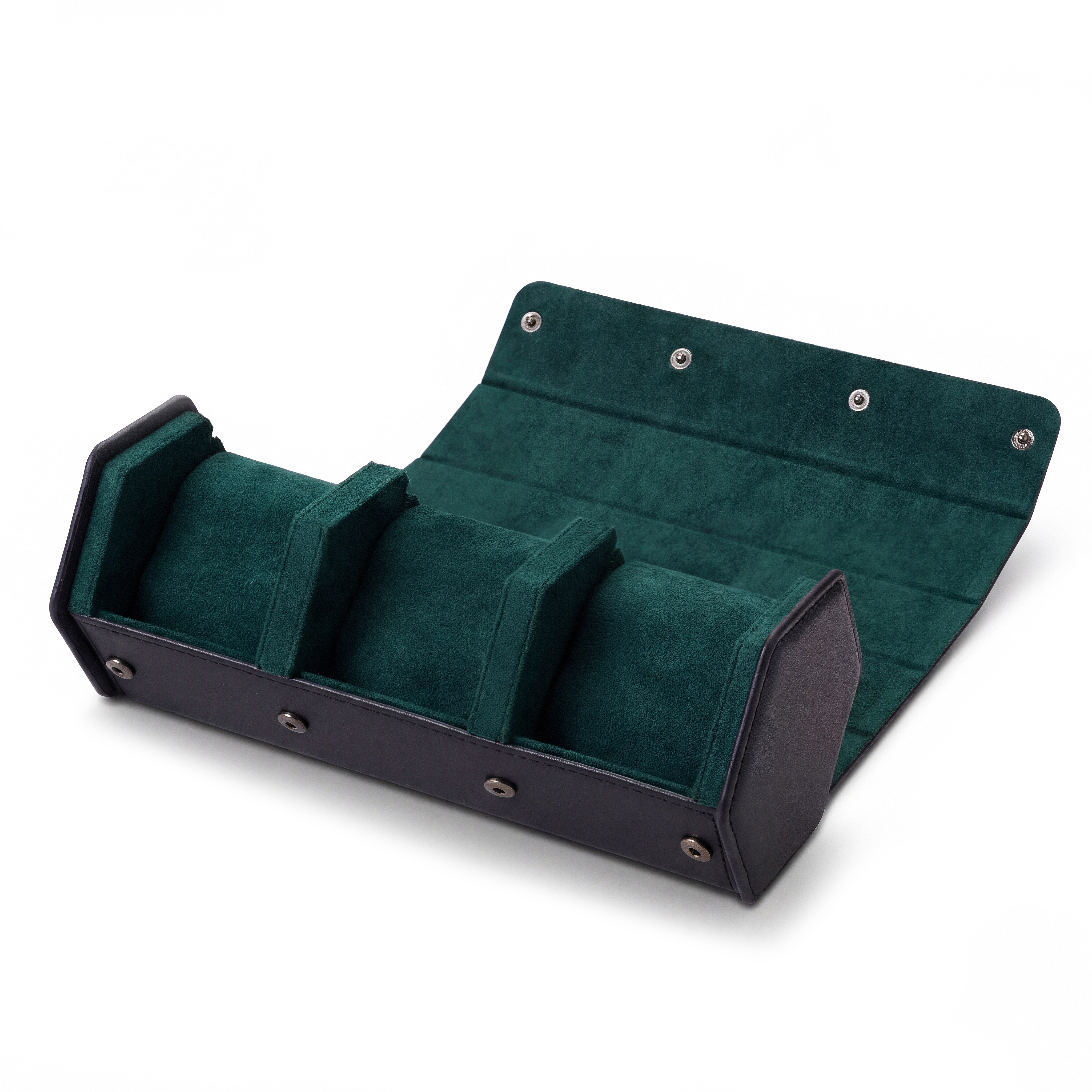 Hexa | Black & Green Faux Leather Hexagonal Watch Roll Case - 3 Watches - 2