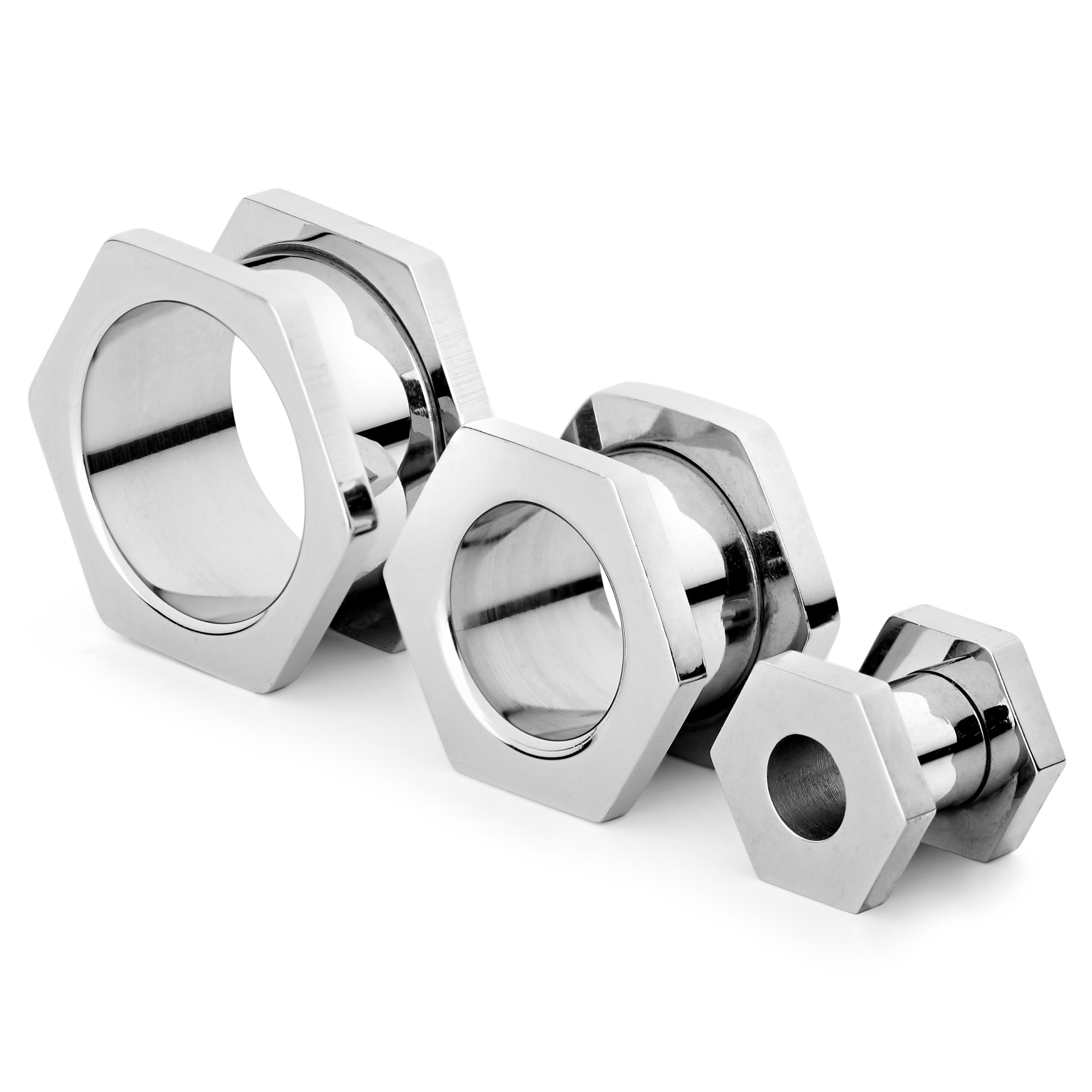 Silver-Tone Stainless Steel Nut-Shaped Tunnel Earring