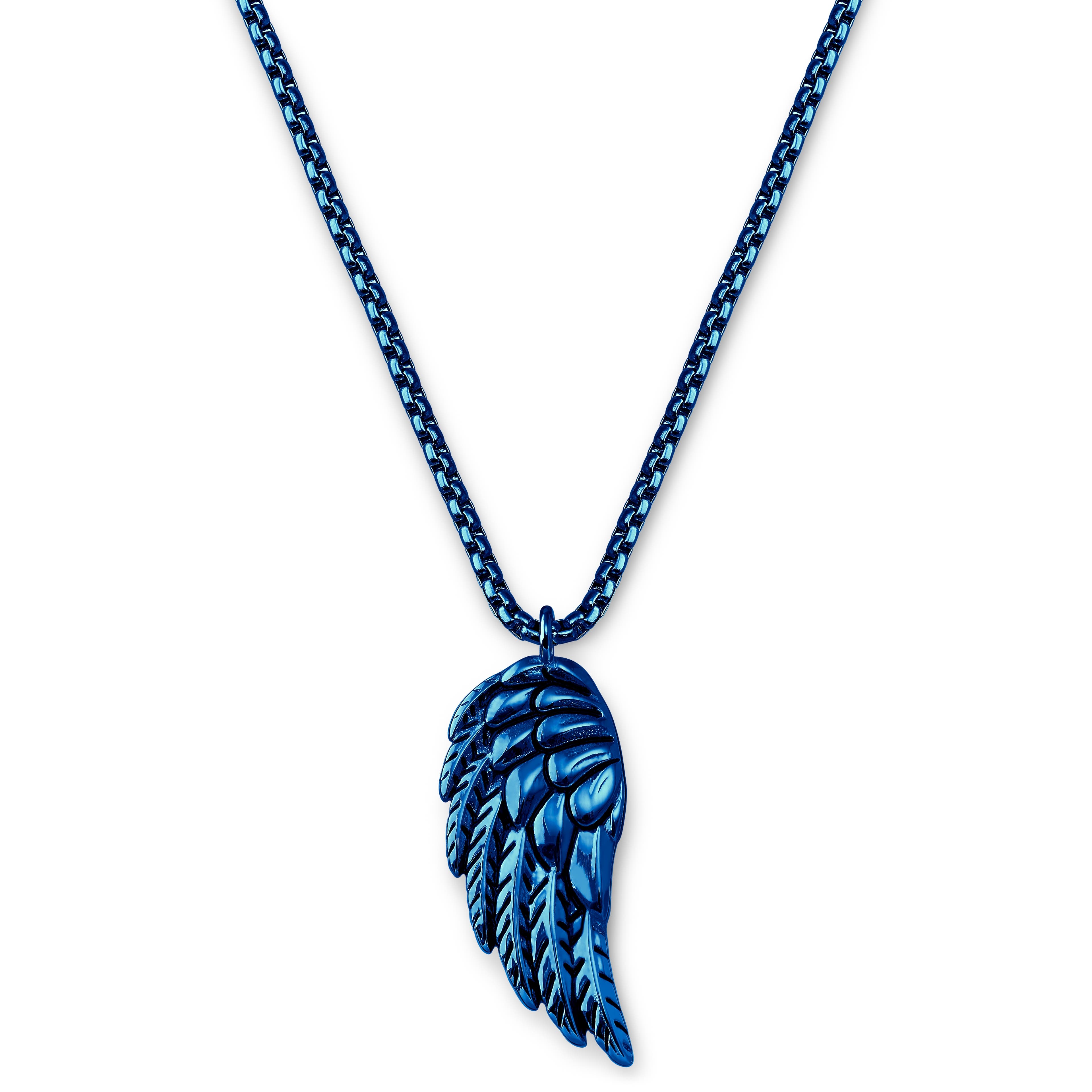 Egan | Blue Stainless Steel Feather Wing Box Chain Necklace