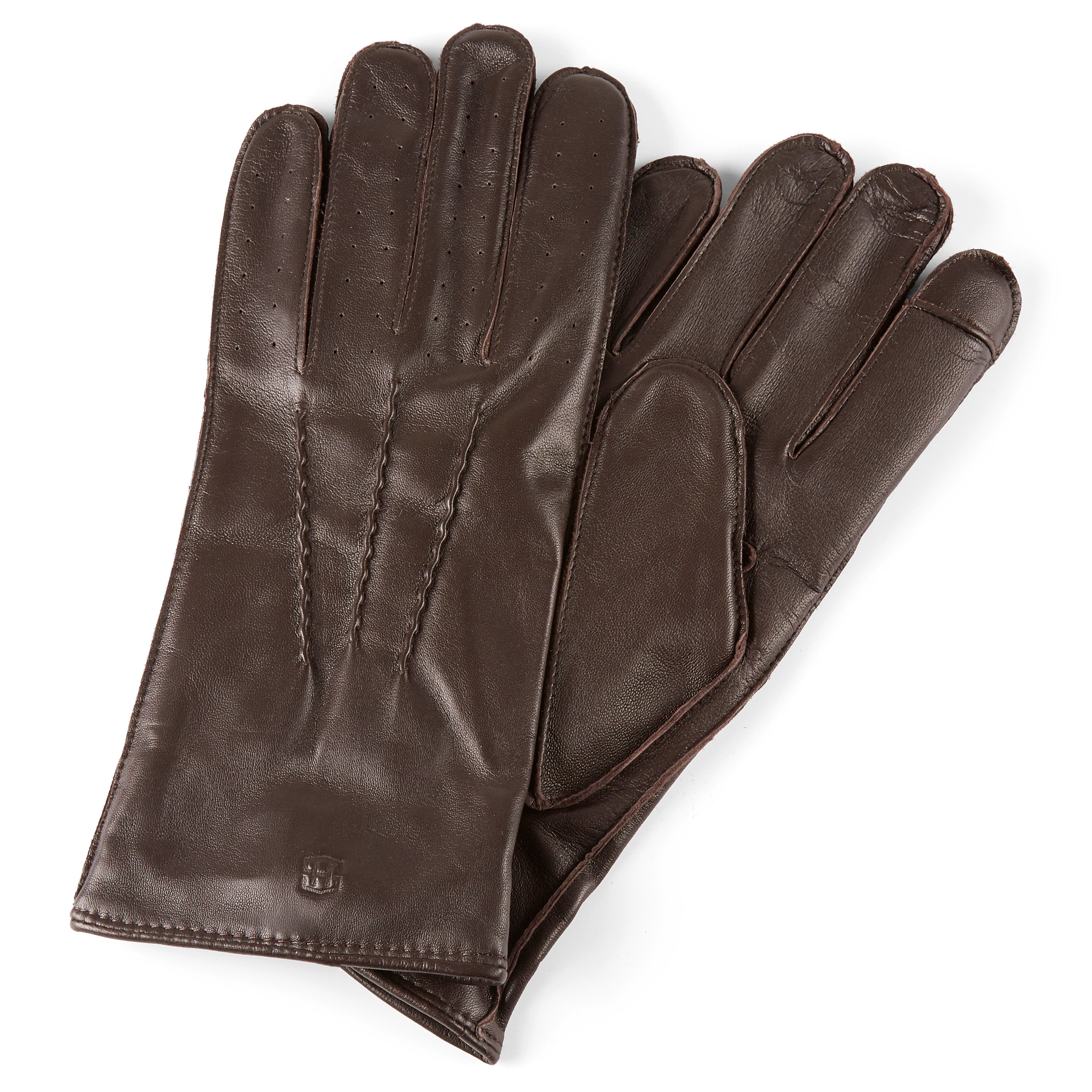 Mørkebrune Perforerede Touchscreen Kompatible Fåreskind Handsker med Manchetter