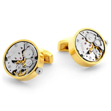 Round Gold- & Silver-Tone Mechanical Movement Stainless Steel Cufflinks