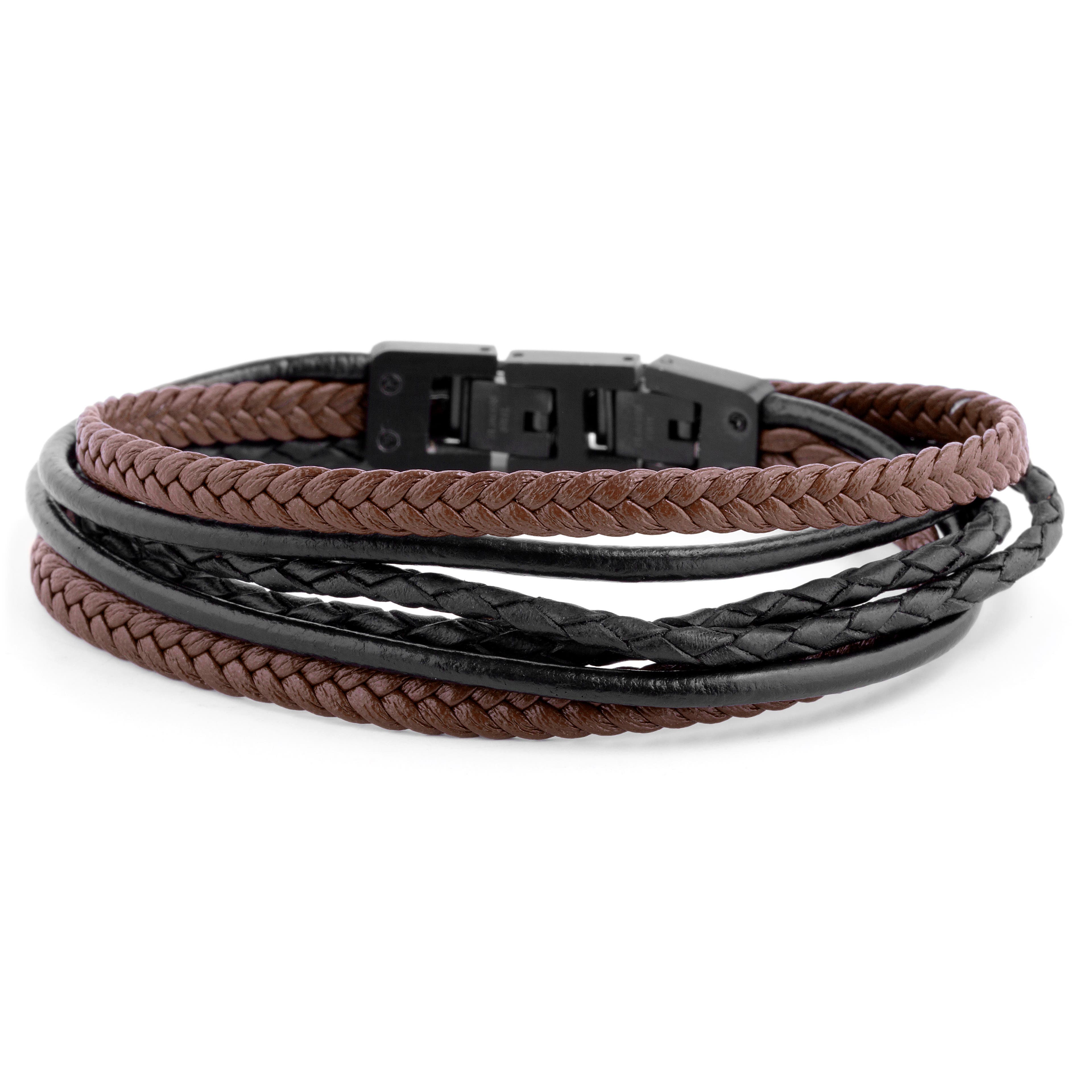 Roy | Black & Brown Leather & Stainless Steel Wrap Bracelet