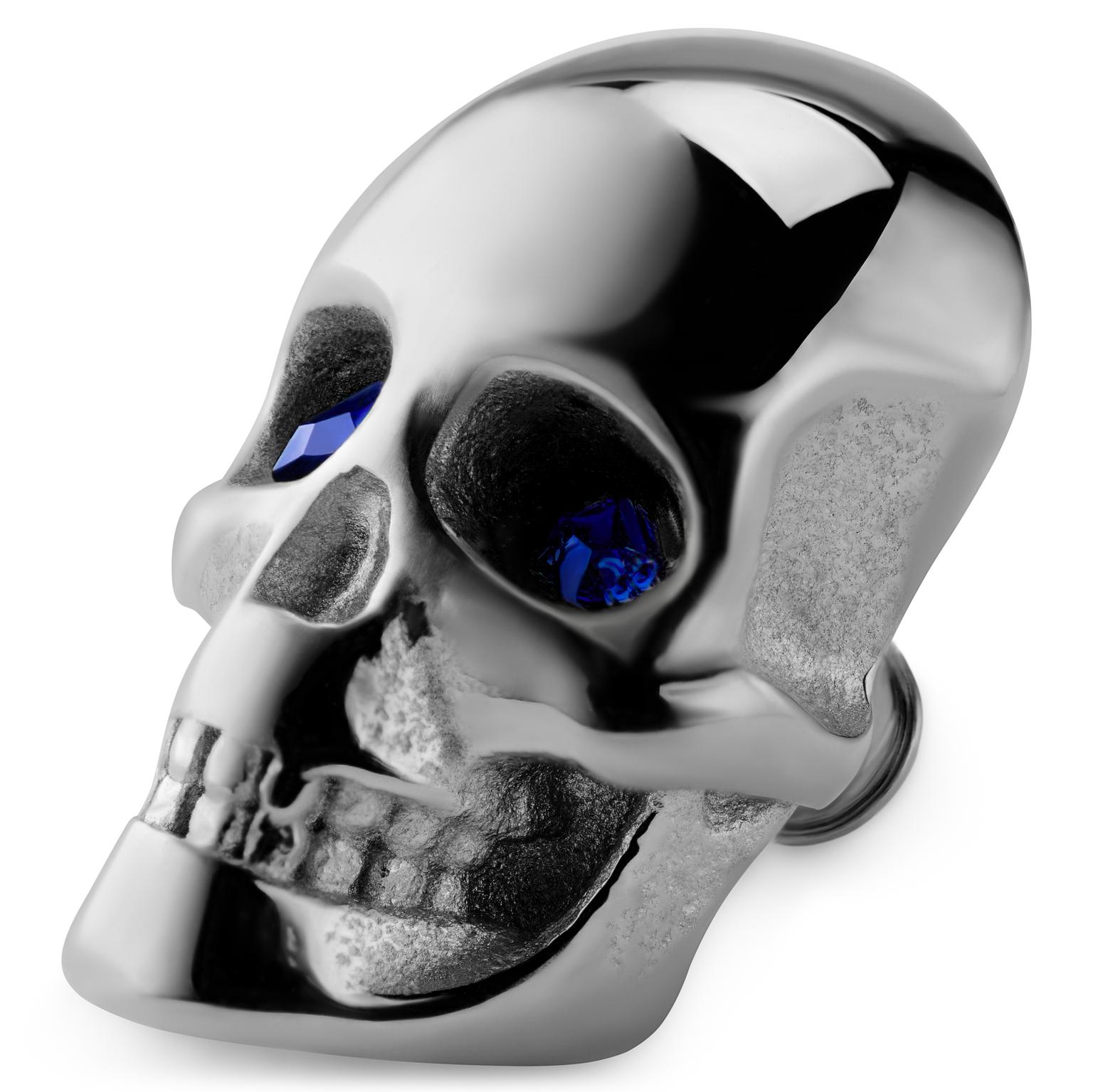 Adorno para correa de reloj de calavera de acero inoxidable plateado y circonitas azules Adorno para correa de reloj de calavera de acero inoxidable plateado y circonitas azules