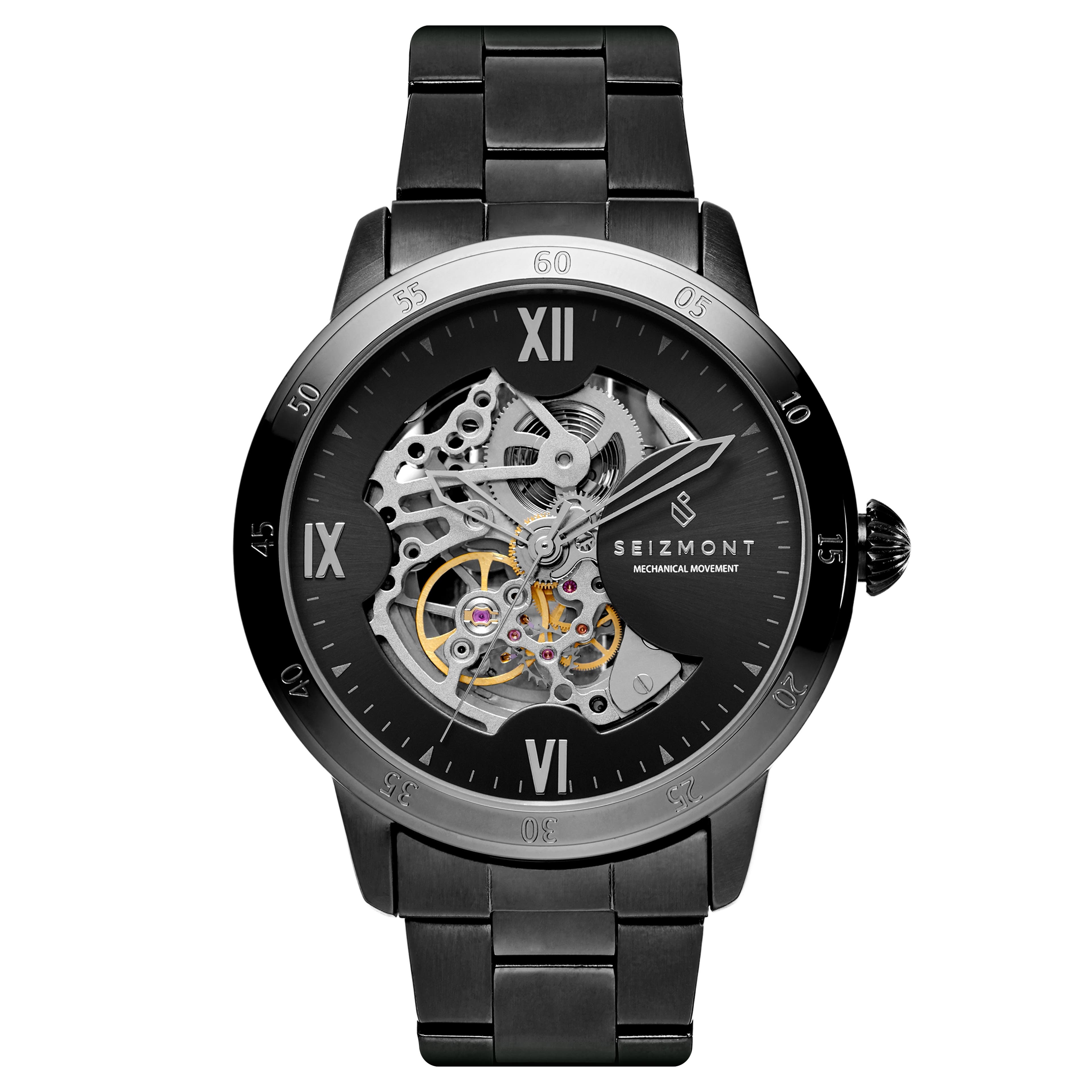 Dante | Black Stainless Steel Skeleton Watch With Black Dial & Silver-Tone Movement