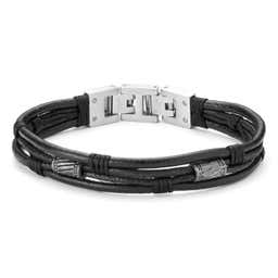 Bracelet en cordons de cuir noir et acier argenté Icon
