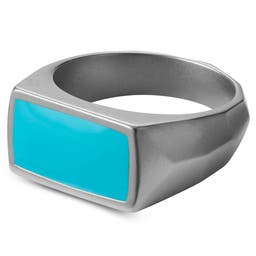 Jax | Silver-Tone Stainless Steel With Turquoise Blue Enamel Signet Ring