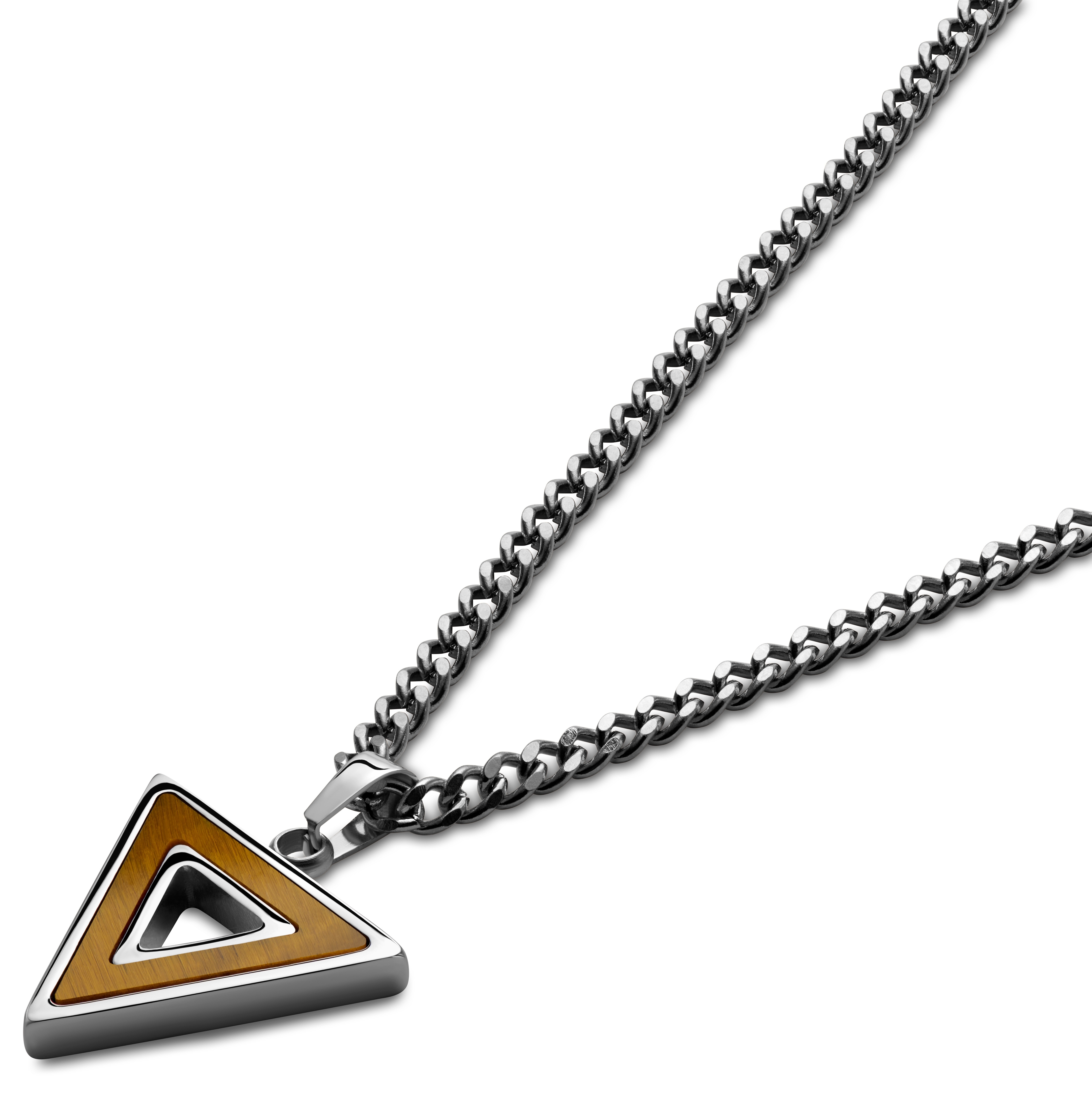 Cruz | Sudraba krāsas nerūsējošā tērauda un tīģeracs akmens kaklarota ar trīsstūra piekariņu - 2