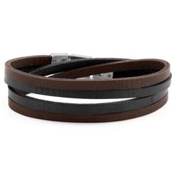 Dark Leather & Stainless Steel Double Wrap Bracelet